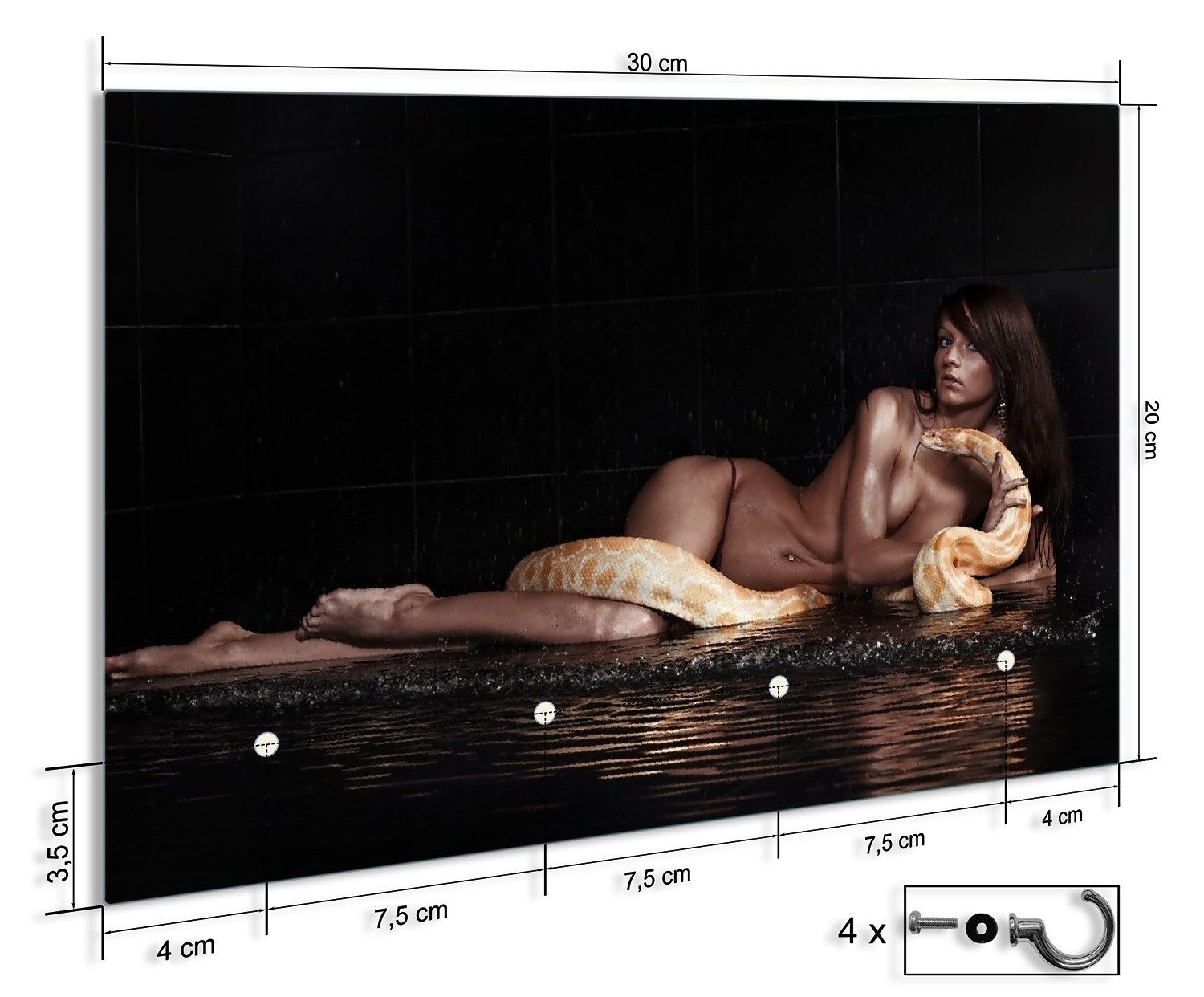 Wallario Handtuchhalter Nackte Frau mit Python-Schlange im Wasser, aus Glas mit 4 Metallhaken