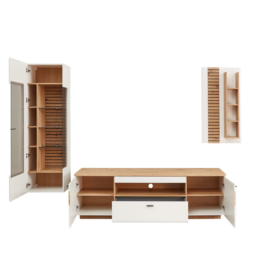 Lomadox Wohnwand FALLON-55, (3-St., Lowboard Wandpaneel Vitrine), Schrankwand Anbauwand, weiß mit Eiche, inkl. Beleuchtung