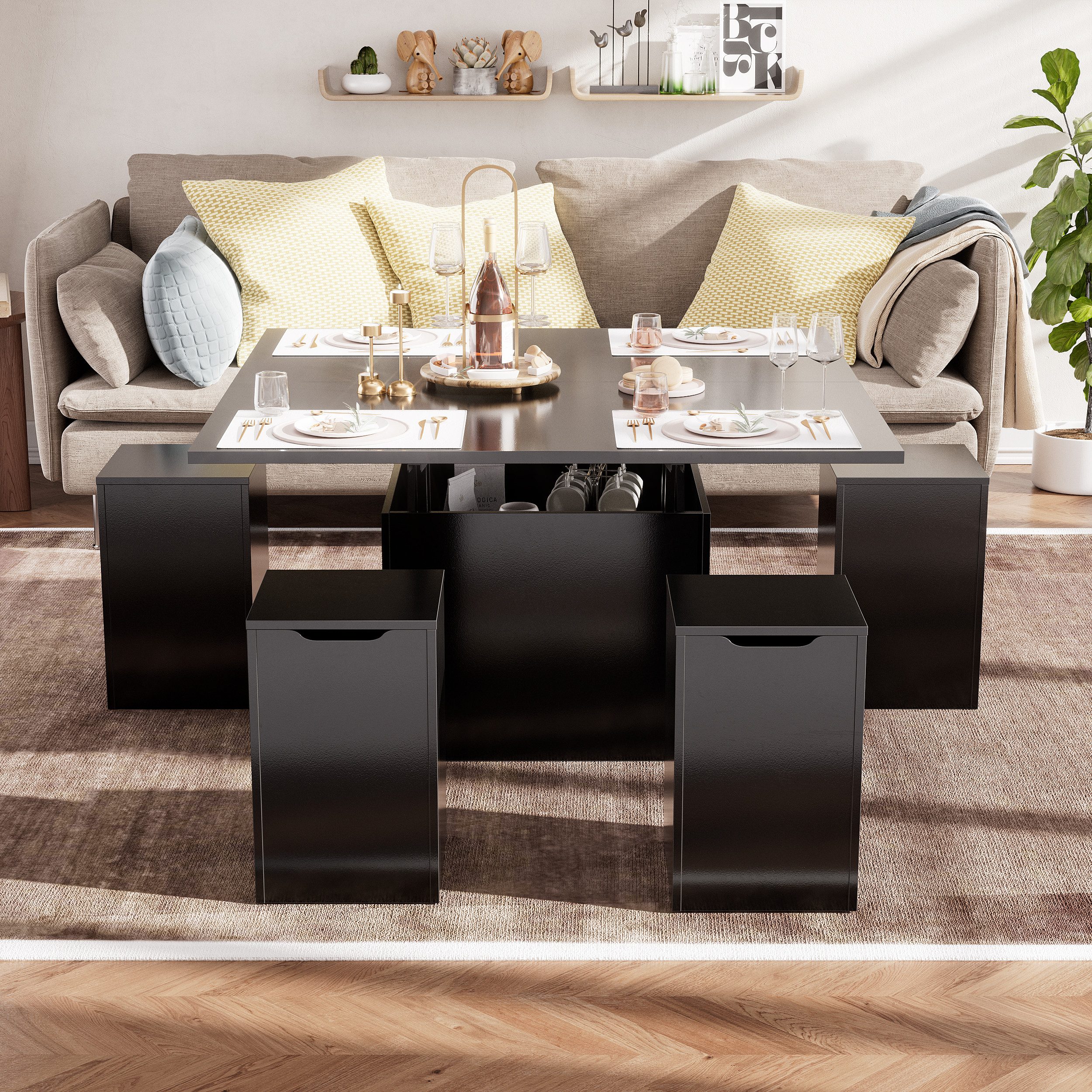 TWSOUL Couchtisch Ausziehbarer Couchtisch, mit Hockern und Stauraum, Schwar günstig online kaufen