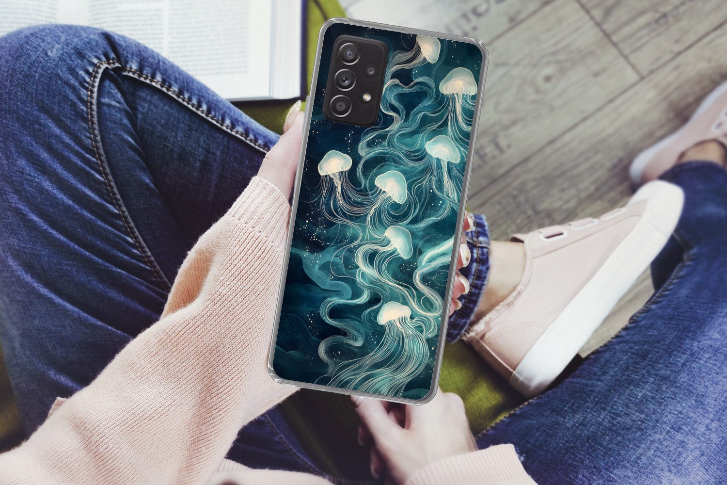 MuchoWow Handyhülle für Samsung Galaxy A53 5G Qualle - Meer - Weiß - Wellen, Phone Case, Silikon, Schutzhülle Dünn