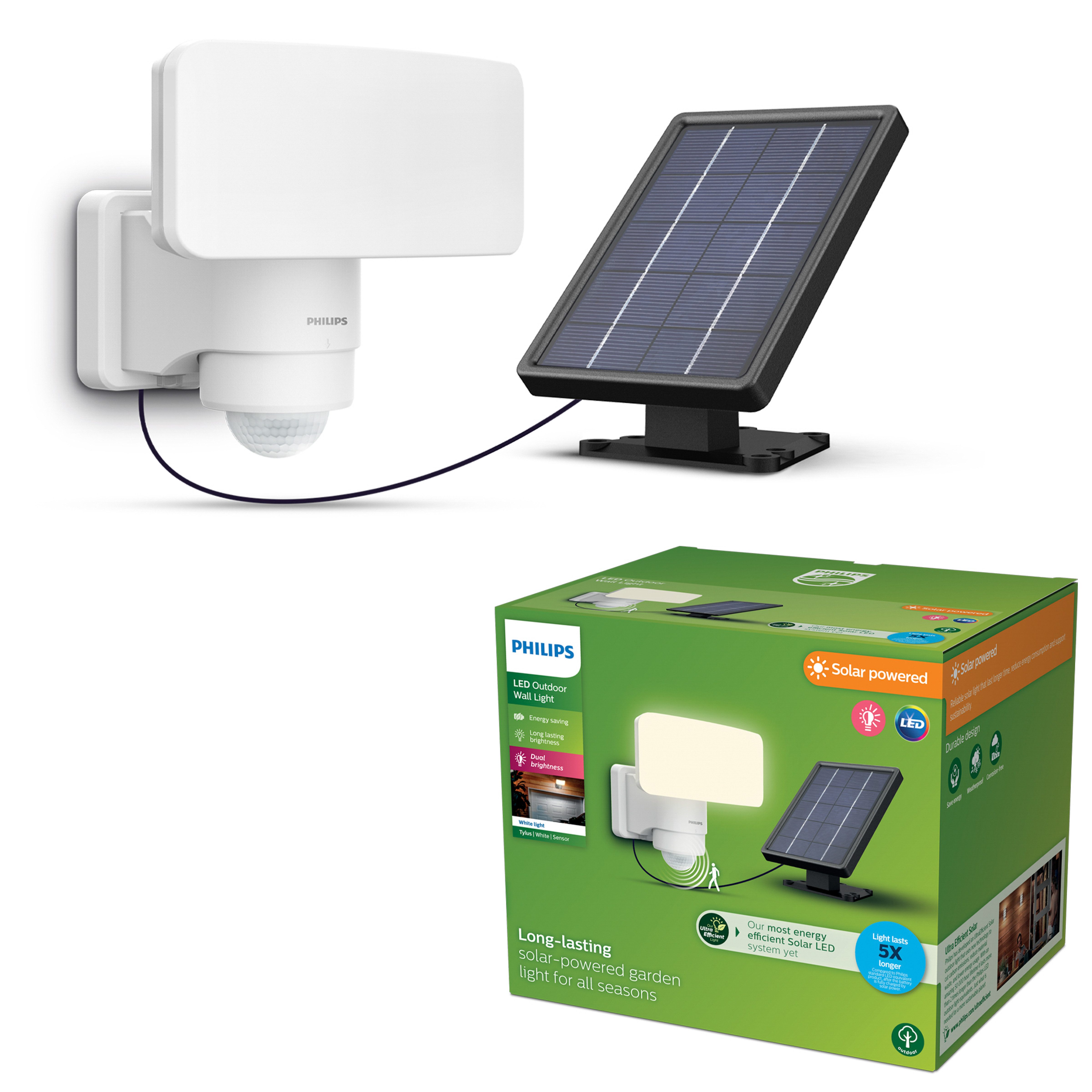 Philips LED Solarleuchte Outdoor Ultra-Efficient Tylus Sicherheitslicht 6W, 3000 K, 1000 Lumen, Abschaltautomatik, Bewegungsmelder, Dimmfunktion, Leuchtdauer einstellbar, Memoryfunktion, Nachtlichtfunktion, Tageslichtsensor, Timerfunktion, mehrere Helligkeitsstufen, LED fest integriert, Warmweiß