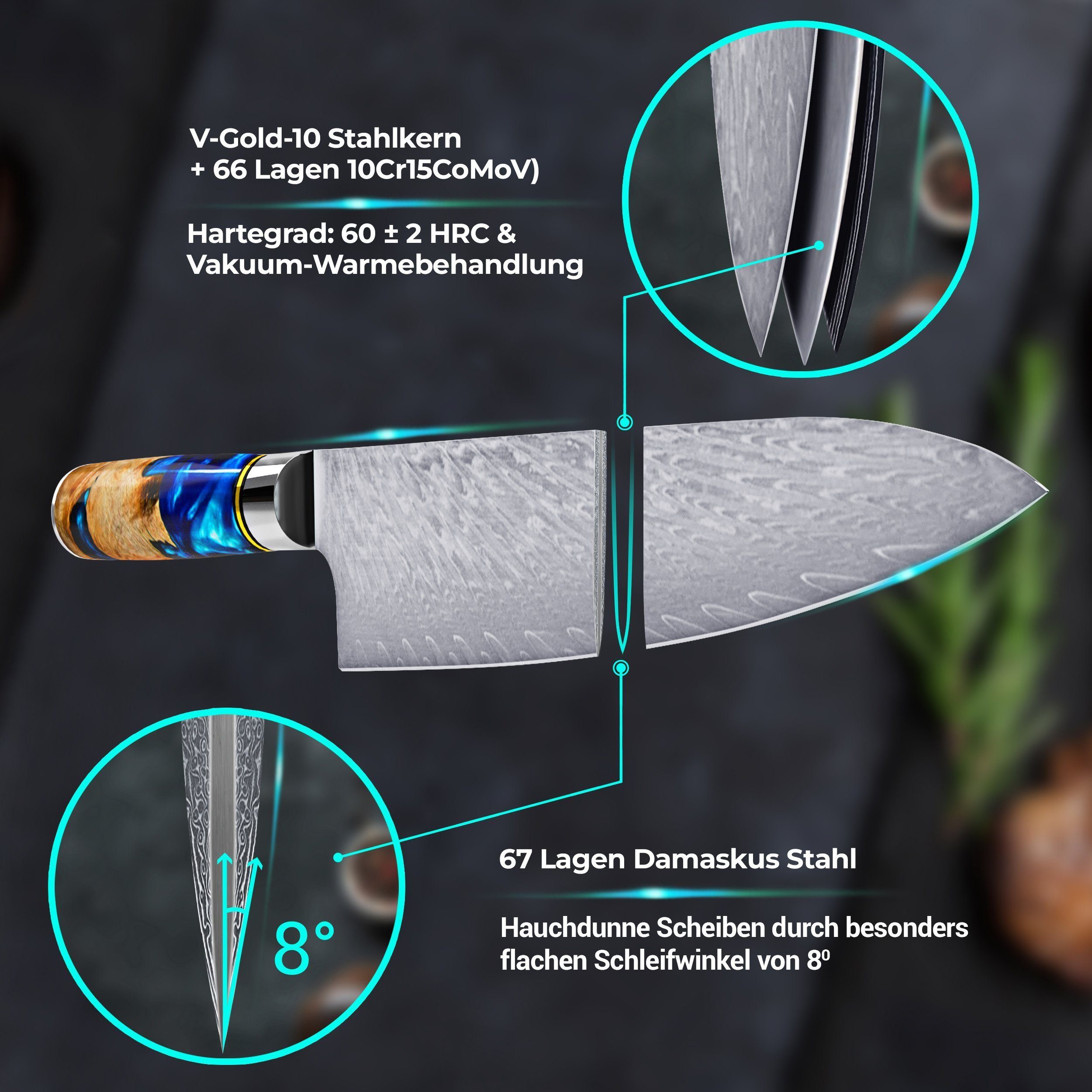 Calisso Chefmesser, Kochmesser Damastmesser Aquamarine Line Küchenmesser