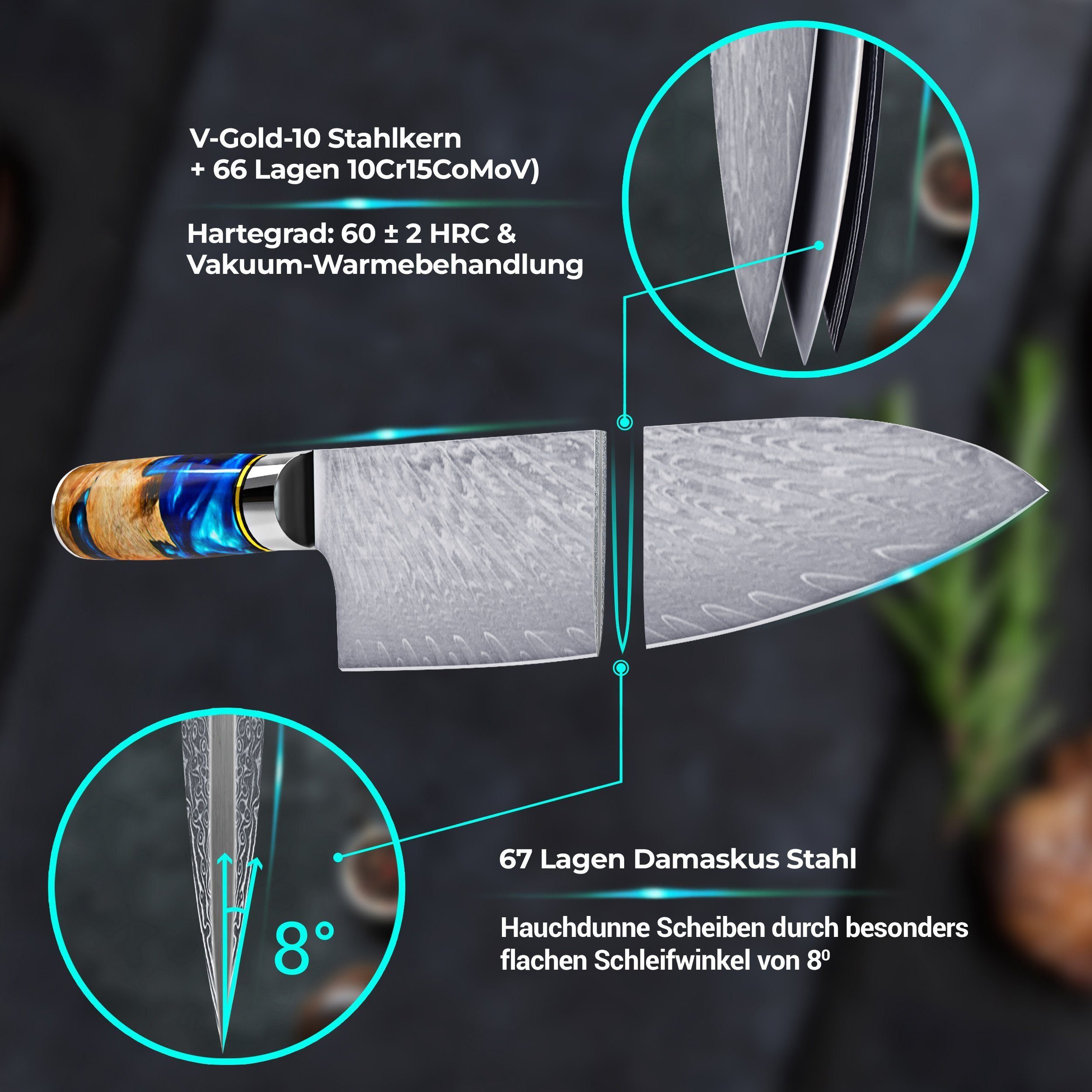 Calisso Messer-Set Aquamarine Line Küchenmesser Damastmesser Messerset (Advanced Set, 6-tlg., Inklusive Klingenschutz und hochwertiger Holzbox), Damastmesser