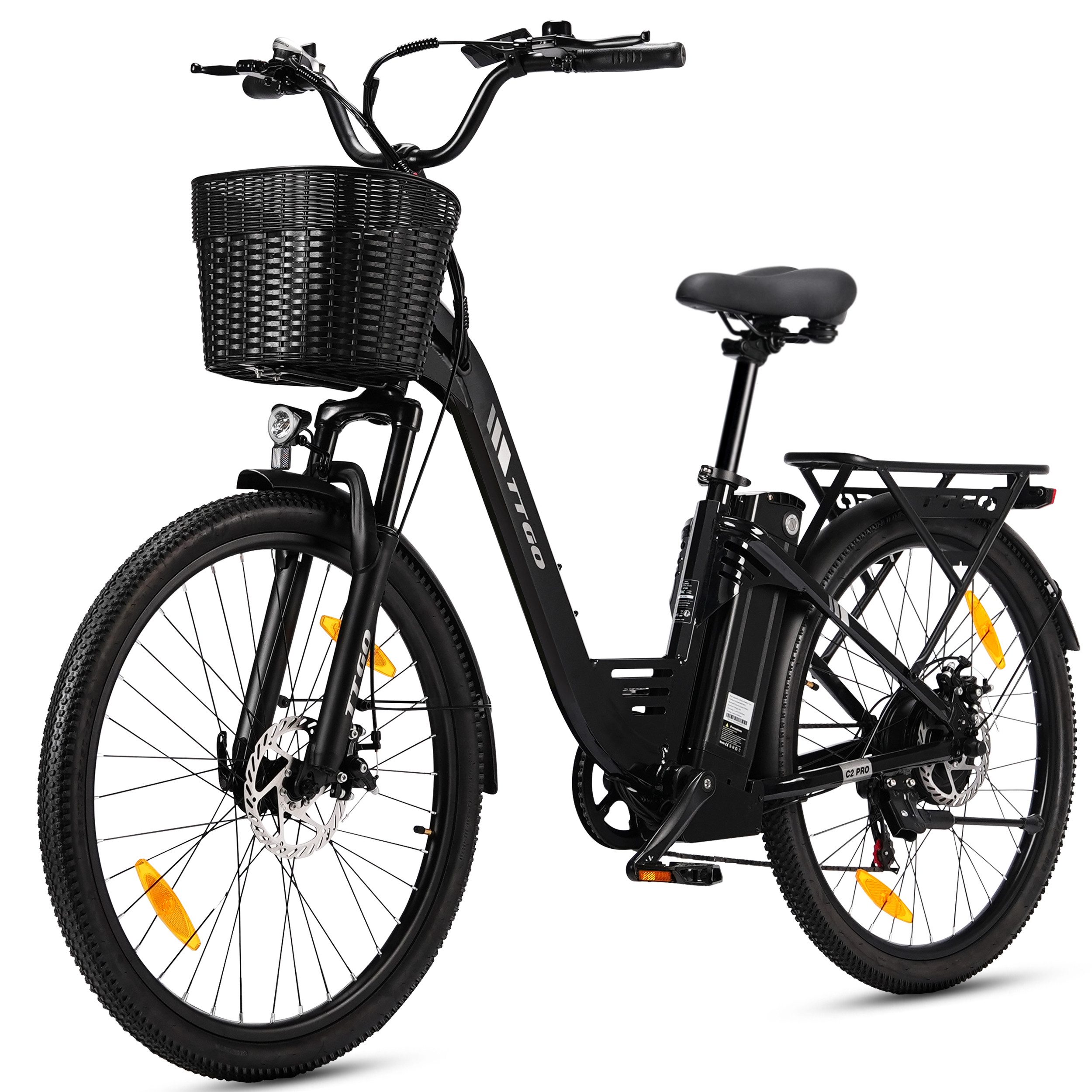 TTGO E-Bike Cityrad 26 Zoll Elektrofahrrad, 80-120km, mit Frontkorb und Gepäckträger, 7 Gang SHIMANO, Kettenschaltung, Heckmotor, 650 Wh, (bis zu 125kg, für ca. 160–185cm), 5 Stufen, Farbdisplay, Aluminiumrahmen, Federgabel, für Damen Herren