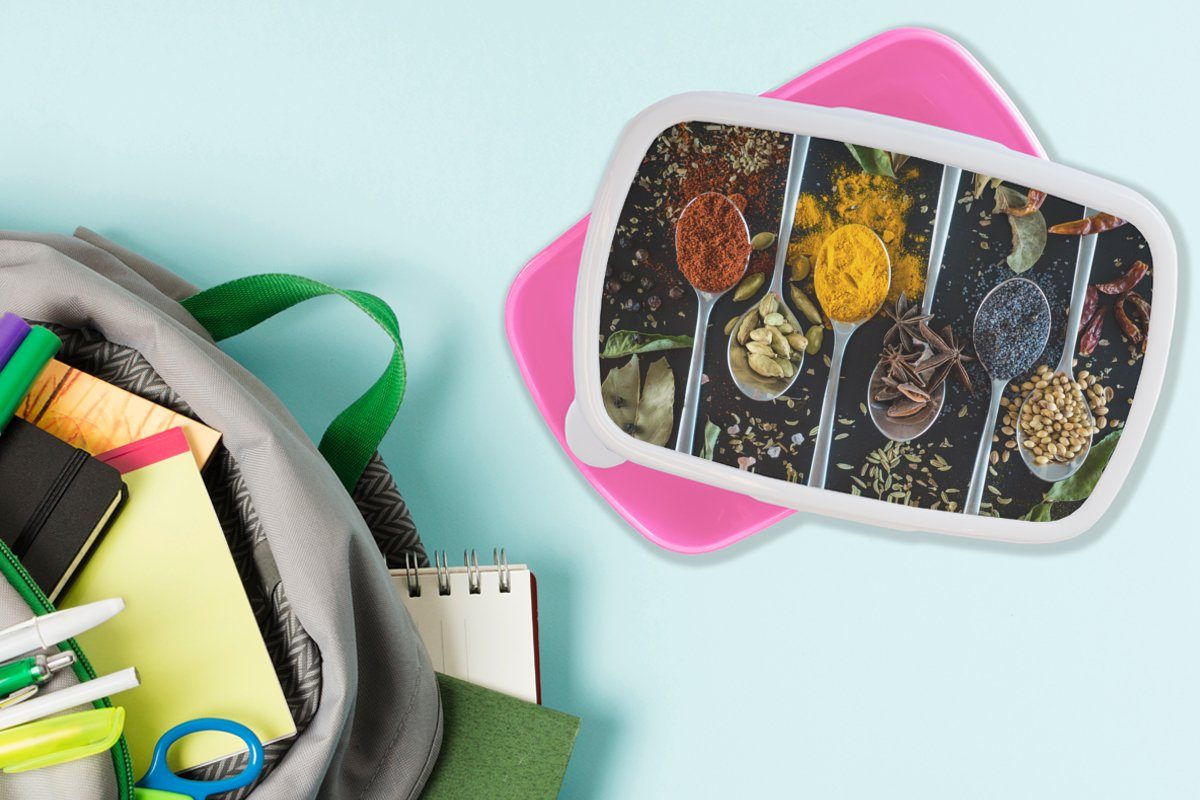 rosa in Snackbox, Kunststoff einem Mädchen, Erwachsene, mit Kunststoff, Brotbox Lunchbox Kinder, Brotdose Kräutern, Löffeln (2-tlg), Kräuter MuchoWow Hintergrund für auf