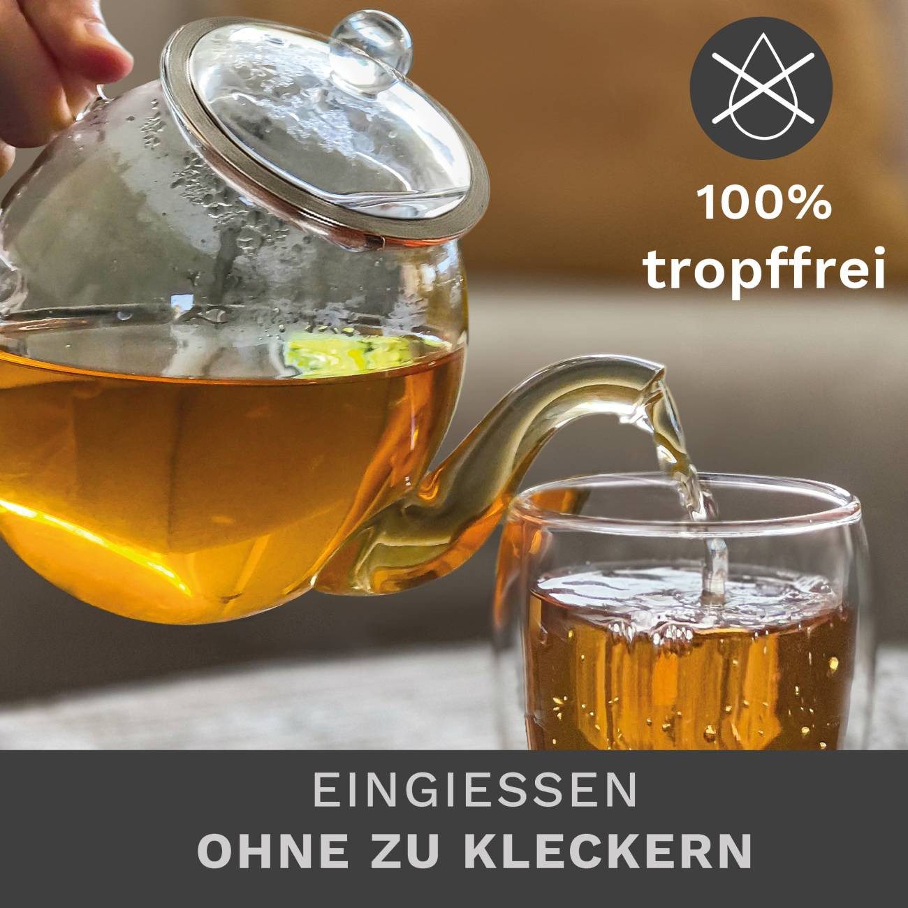 Creano Teekanne Creano Glas-Teekanne 1,5l, Edelstahl-Sieb und Glas-Deckel, all-in-one, 1,5 l, (1er-Set, 3-St., Teekanne & Deckel), tropffrei