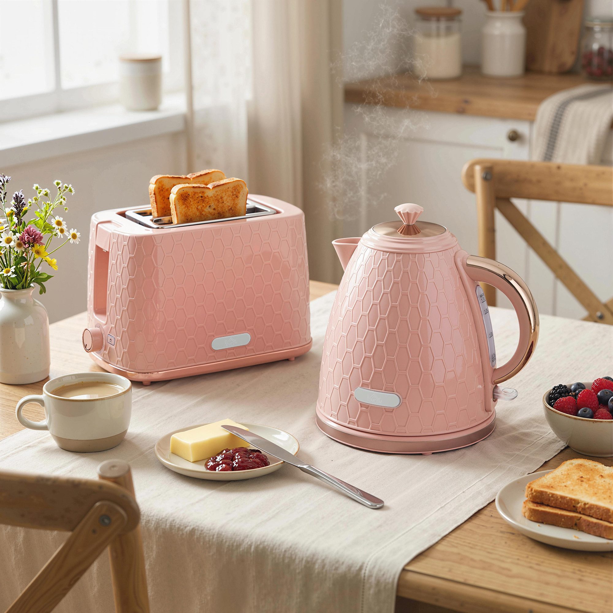 HOMCOM Frühstücks-Set Wasserkocher mit automatischer Abschaltung, 2-Scheiben-Toaster (2-tlg), Set in Rosa, Schnellkochfunktion