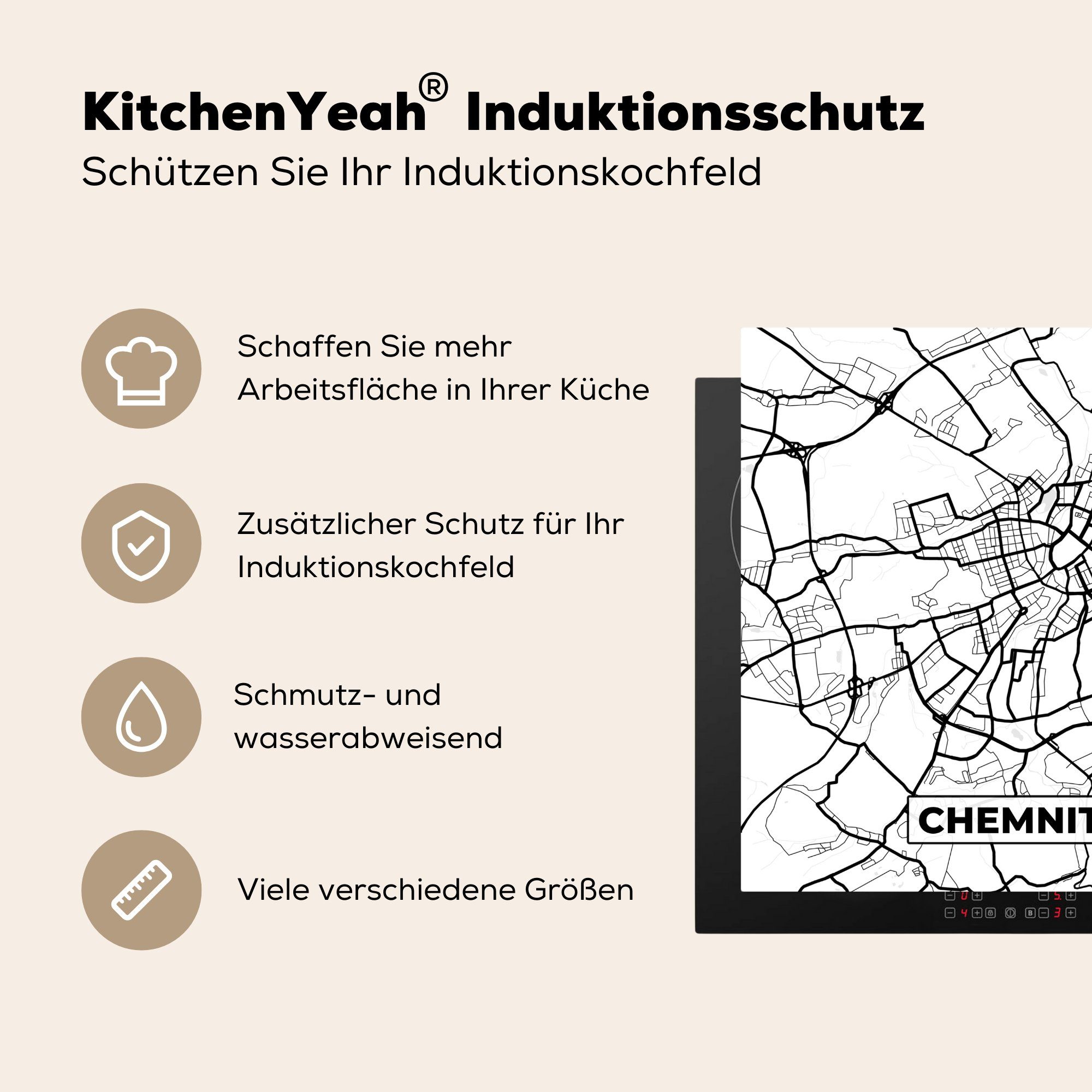 MuchoWow - tlg), Arbeitsplatte - cm, Herdblende-/Abdeckplatte 78x78 (1 Karte küche Ceranfeldabdeckung, Vinyl, Stadtplan, Chemnitz für