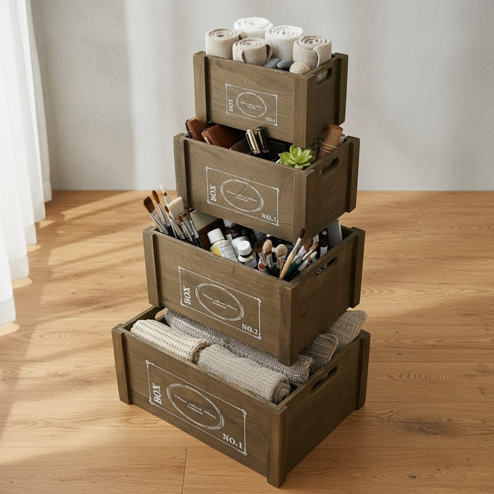 Mucola Allzweckkiste Aufbewahrungsboxen 4er Set Shabby Holzkisten Rustikal Allzweckkiste (Set, 4 St., 4 Größen), Shabby Look