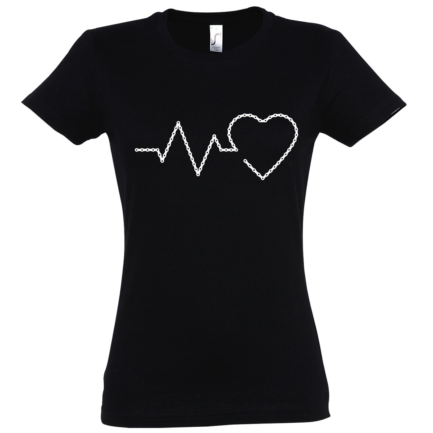 Fahrradkette trendigem Damen Frontprint Schwarz Shirt T-Shirt Designz Heartbeat mit Youth
