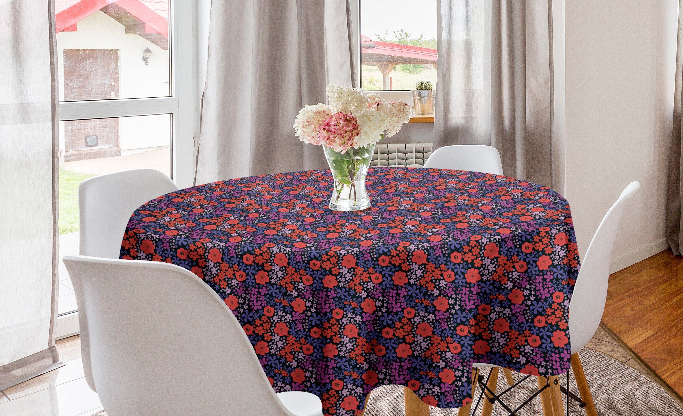 Abakuhaus Tischdecke Kreis Tischdecke Abdeckung für Esszimmer Küche Dekoration, Retro Botanischer Wiese Blüten