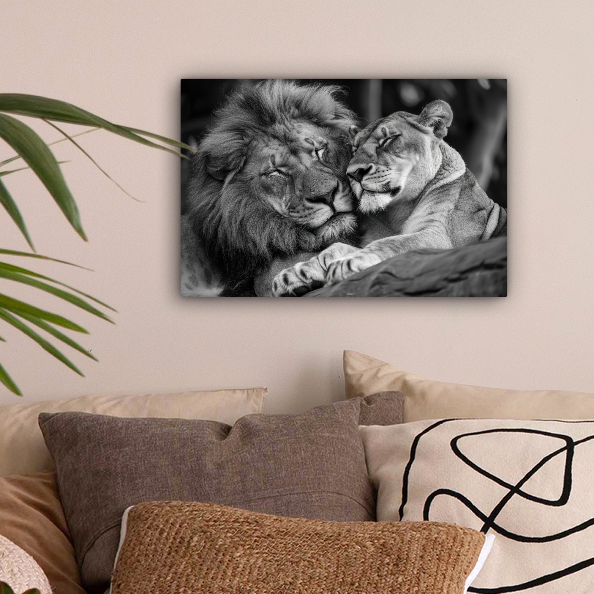 OneMillionCanvasses® Leinwandbild Löwen - Tiere - Schwarz - Weiß - Löwe, Fotodruck (1 St), Leinwand Bilder Klein, Wand Dekoration Aesthetic 30x20 cm