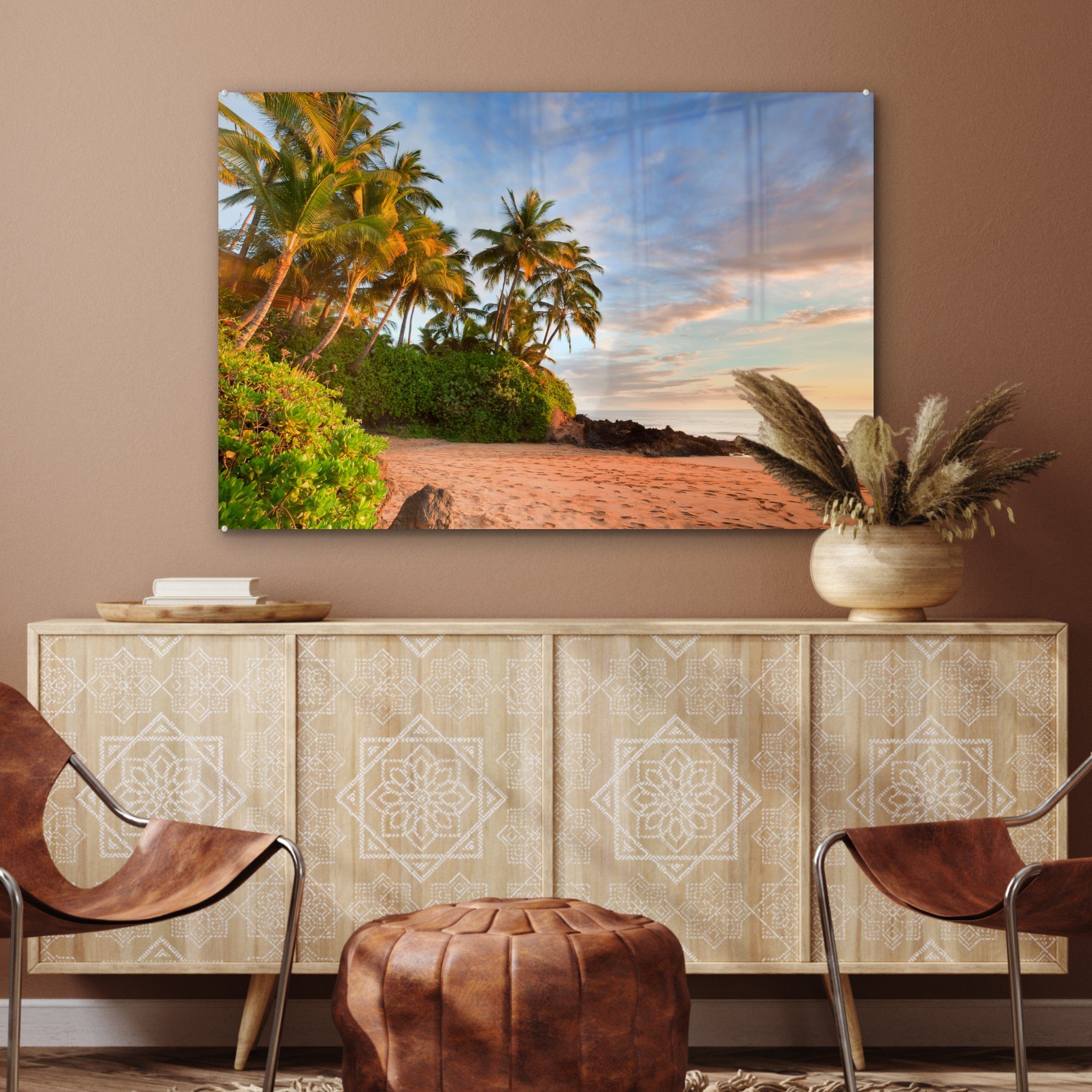 MuchoWow Acrylglasbild Palmen am Strand Wohnzimmer & St), Acrylglasbilder Maui bei Sonnenuntergang, (1 Schlafzimmer von
