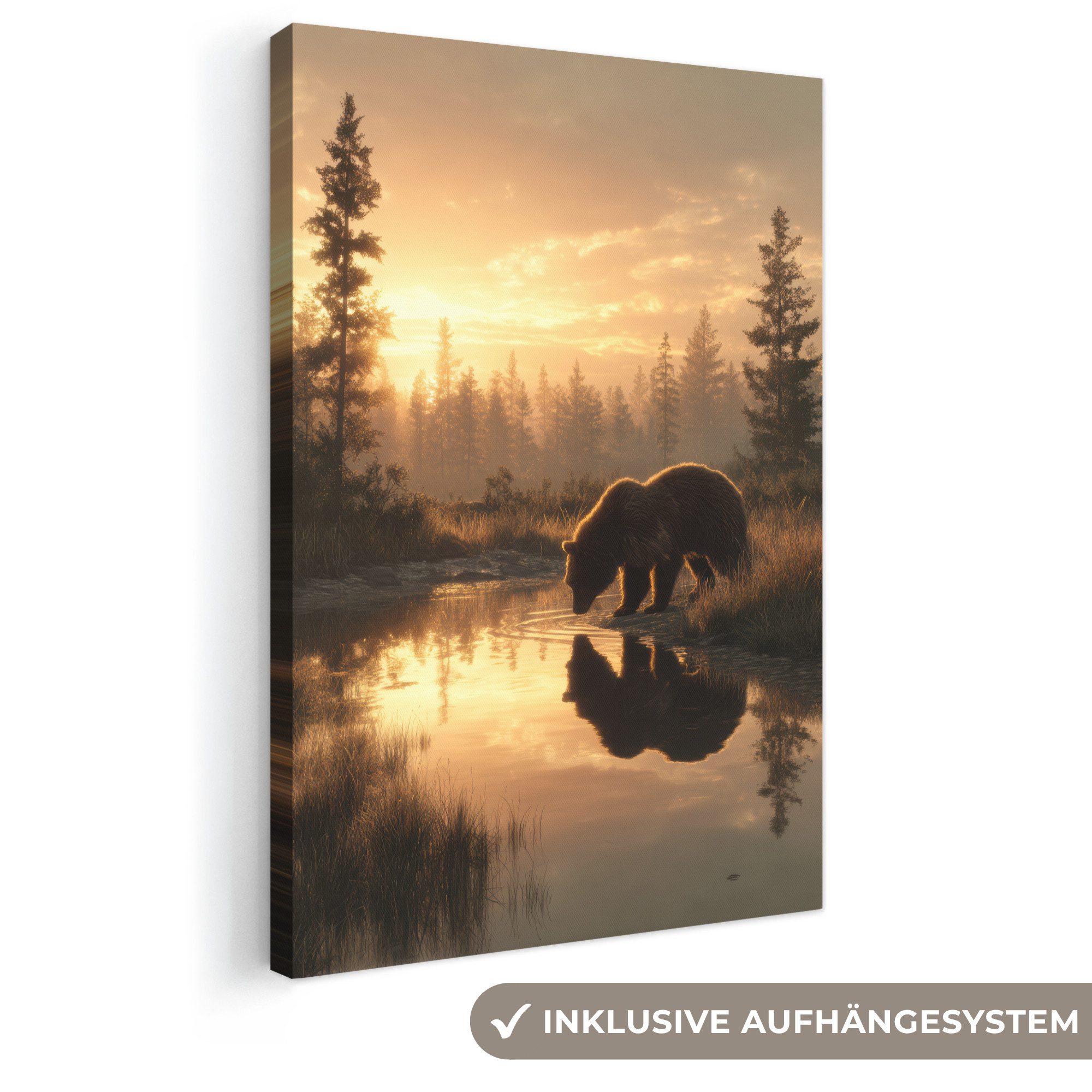 OneMillionCanvasses® Leinwandbild Bär - Wasser - Wald - Morgenlicht, Fotodruck (1 St), Leinwand Canvas Wandbild, Wanddekoration 20x30 cm