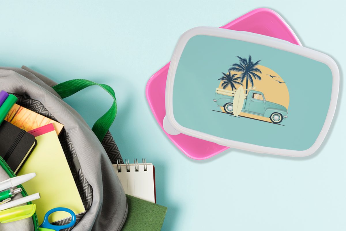 MuchoWow Lunchbox Bus - Brotbox Zeichnung, Erwachsene, (2-tlg), für - - Surfbrett Mädchen, Kunststoff Kunststoff, rosa Kinder, Snackbox, Brotdose Sommer
