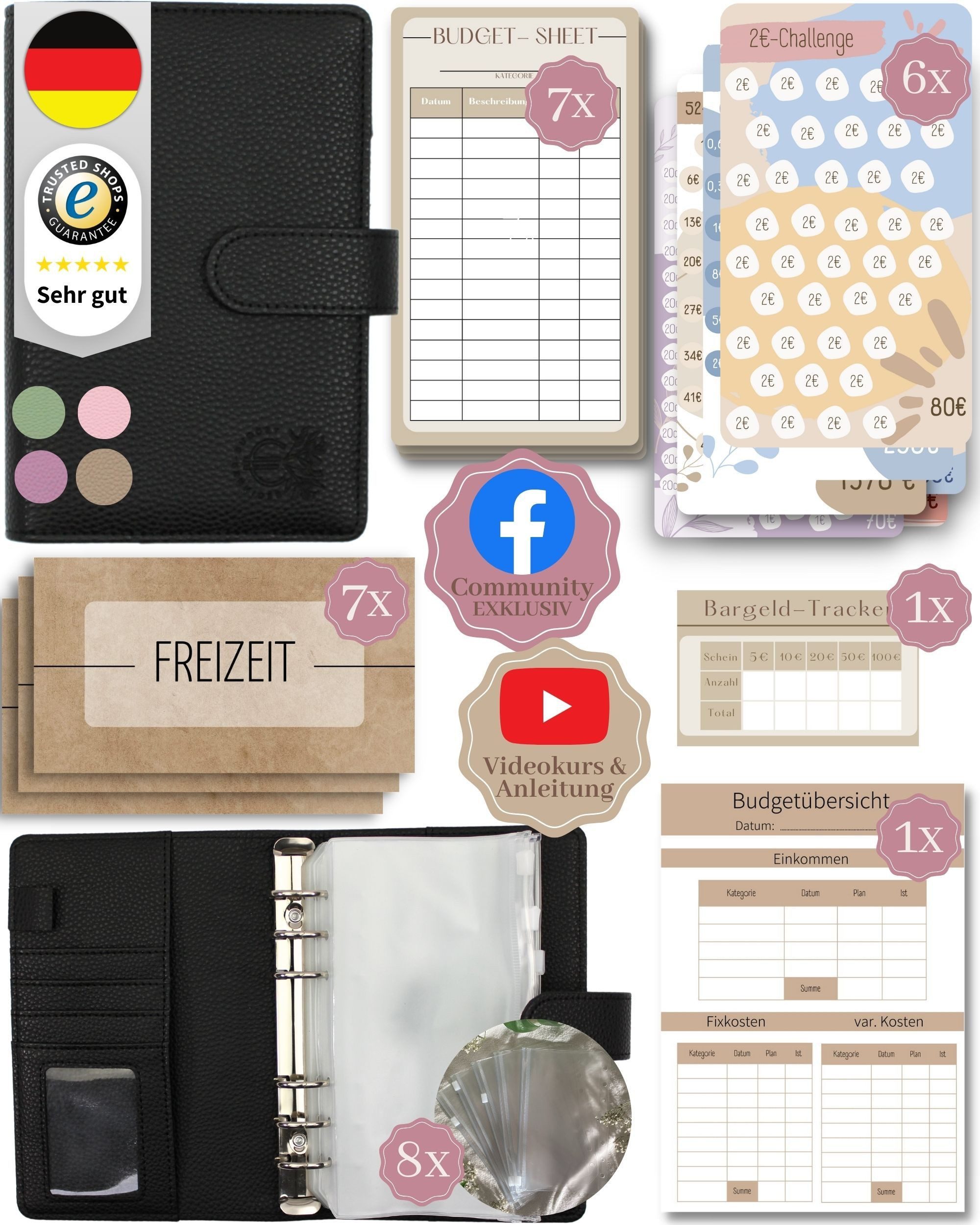 BeginnerBudget Ringbuchmappe Budgetplaner Starter-Set Sparbuch zum Geld Sparen + Spar-Challenges, Sparen mit Umschlagmethode + Anleitung - Ringbuch - Binder A6