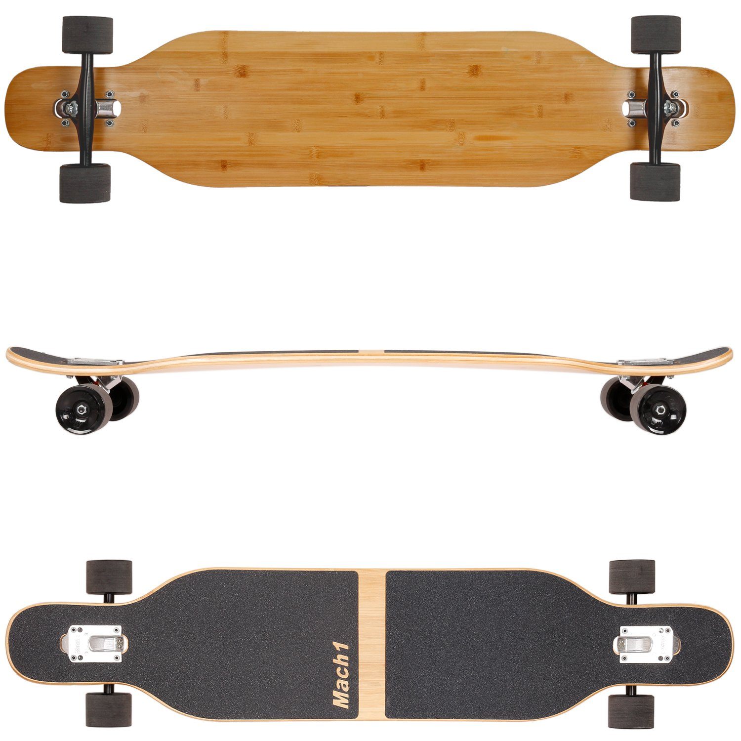 Mach1 Longboard aus Bambus mit Keramik Kugellager - Camber Drop Through Cruiser Board (Spar-Set inkl. T-Tool und extra Bushings, Longboard + T-Tool + 4er Set 85A Bushings), Twin Tip