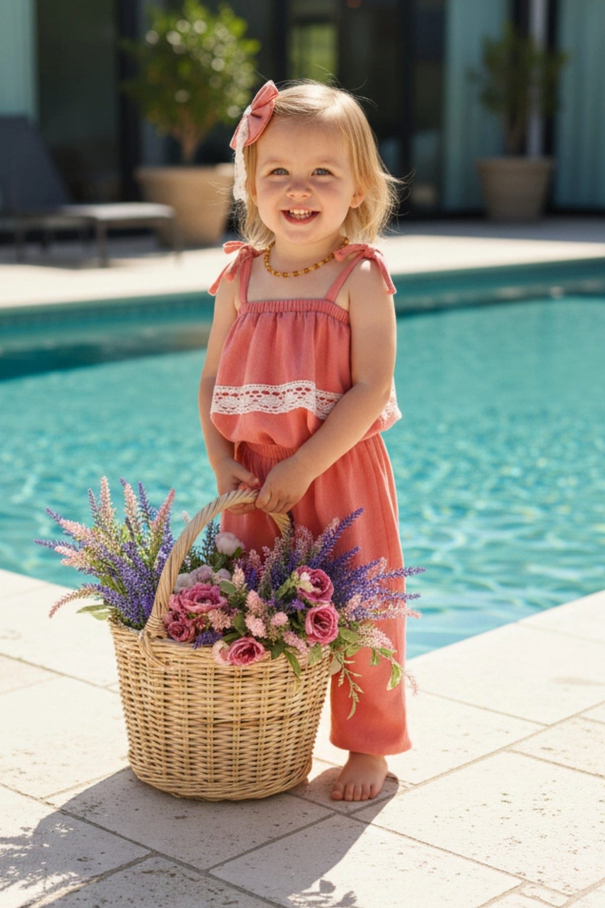 Parla Kids Overall Lachsfarbener Jumpsuit mit Spitzendetails, schmale Träger - Haarspange