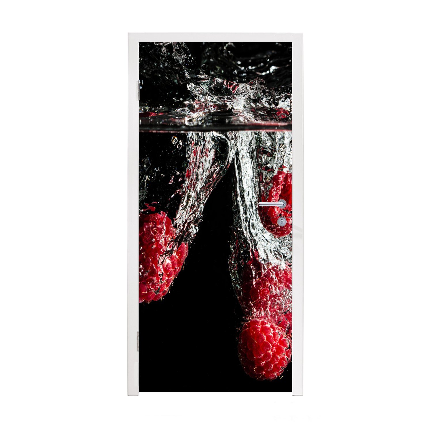 MuchoWow Türtapete Himbeeren - Obst - Stilleben - Wasser - Schwarz - Rot, Matt, bedruckt, (1 St), Fototapete für Tür, Türaufkleber, 75x205 cm