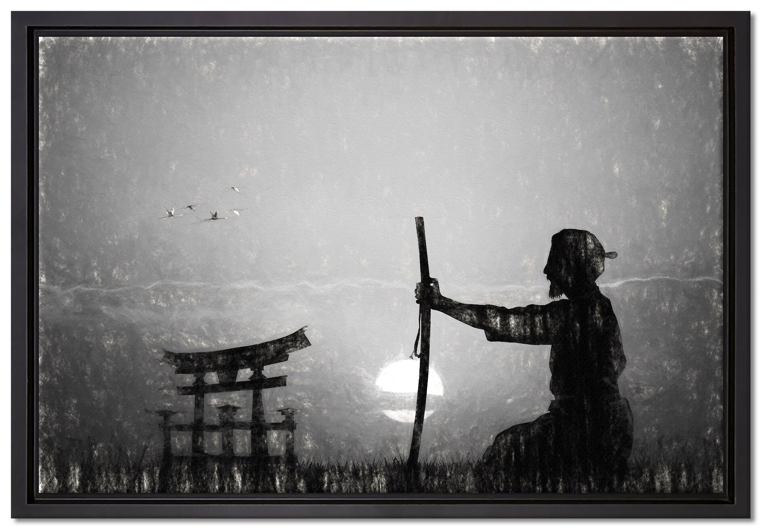 Pixxprint Leinwandbild Samurai-Meister vor Horizont, Wanddekoration (1 St), Leinwandbild fertig bespannt, in einem Schattenfugen-Bilderrahmen gefasst, inkl. Zackenaufhänger