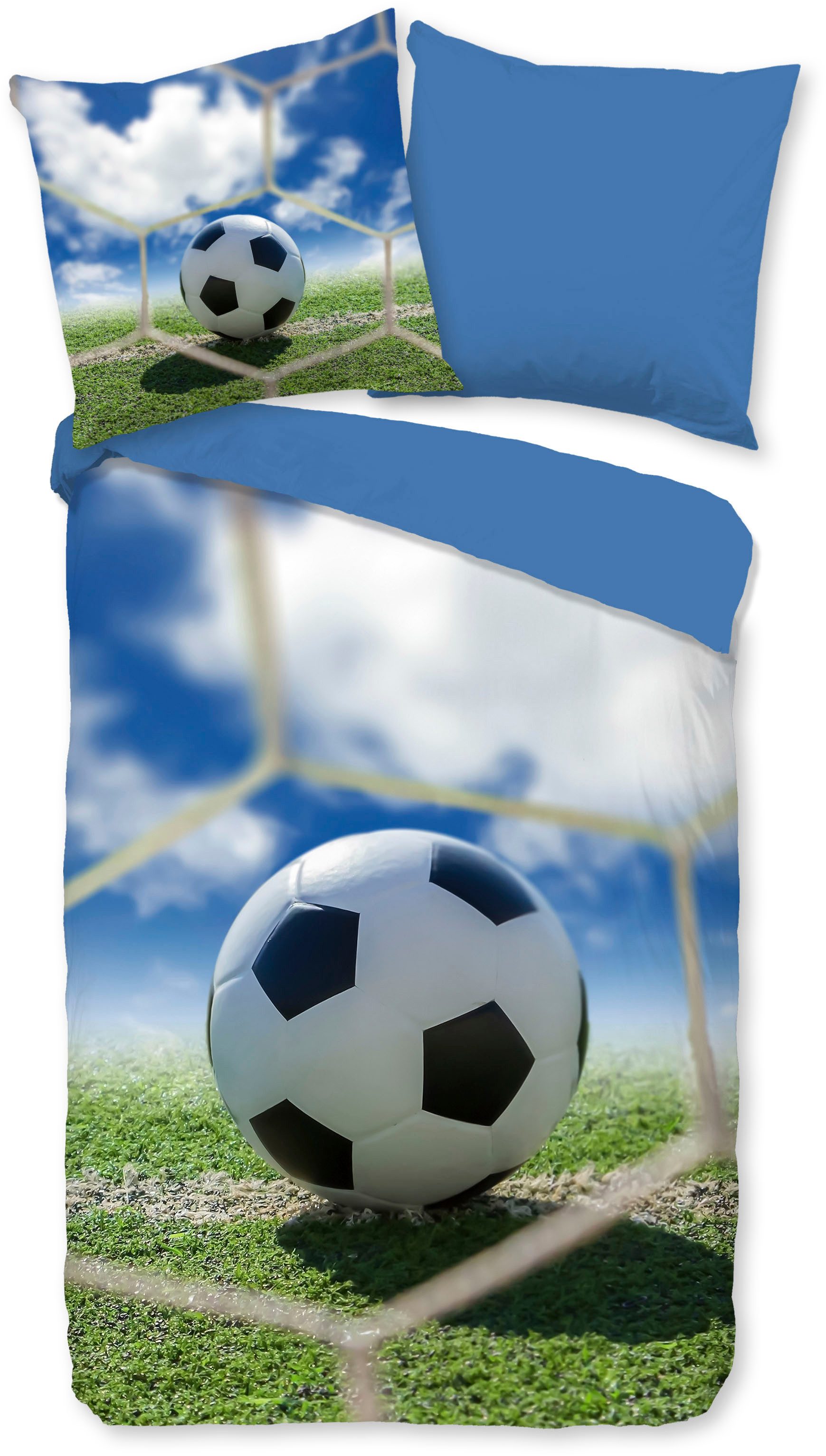 good morning Kinderbettwäsche Maurits, Renforcé, 2 teilig, Baumwolle, Renforcé, Wendeoptik, Kind, Junge, Fußball, blau