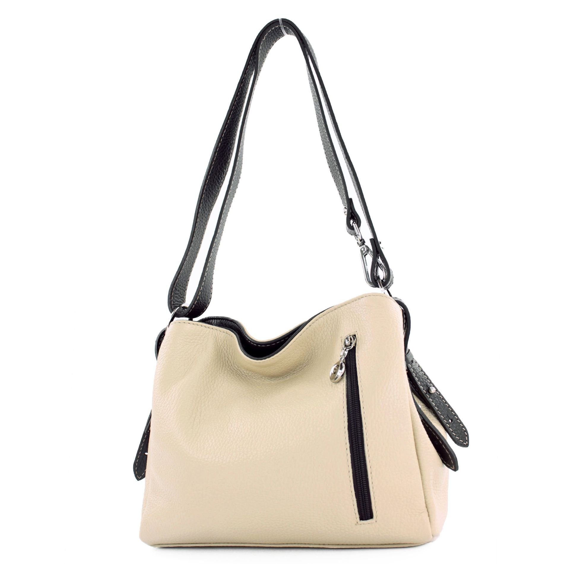 modamoda de Schultertasche T220, Echtleder Handmade in Italy Creme/Dunkelbraun