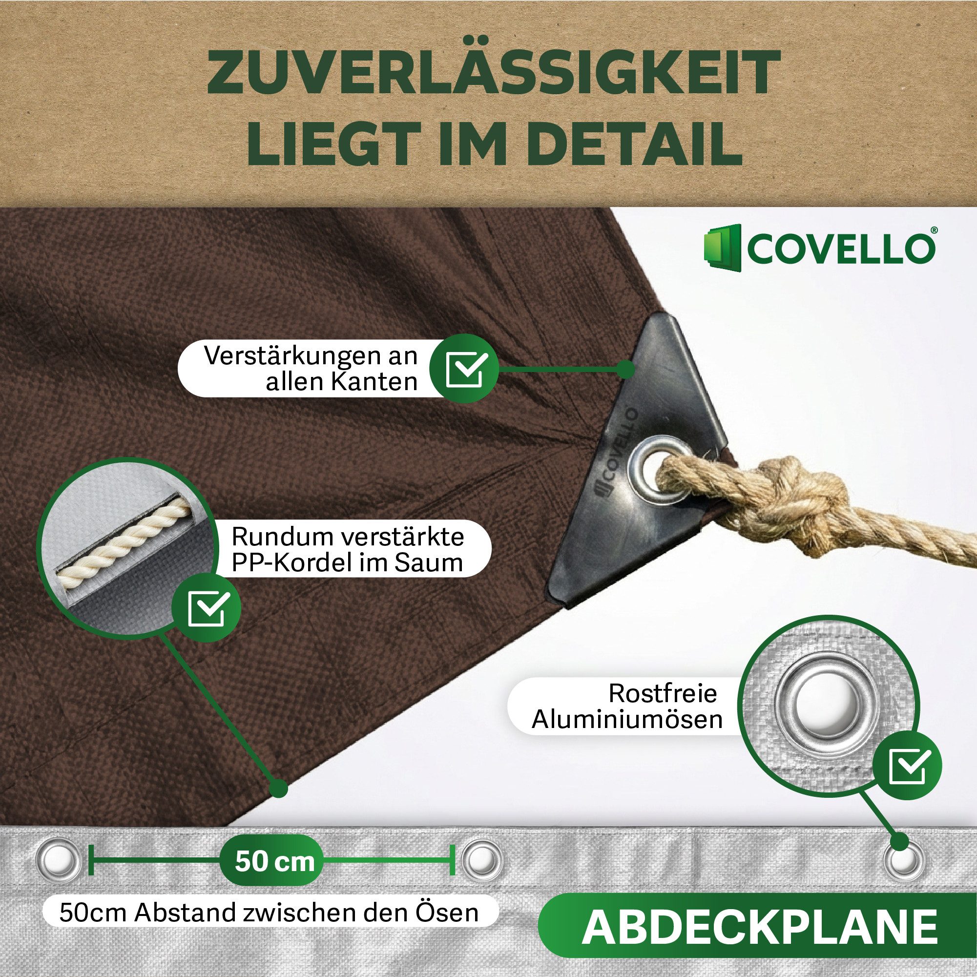 Covello Schutzplane 180g/m² braun, Abdeckplane mit Ösen wasserdicht, Plane UV-stabilisiert in vielen verschiedenen Farben & Größen