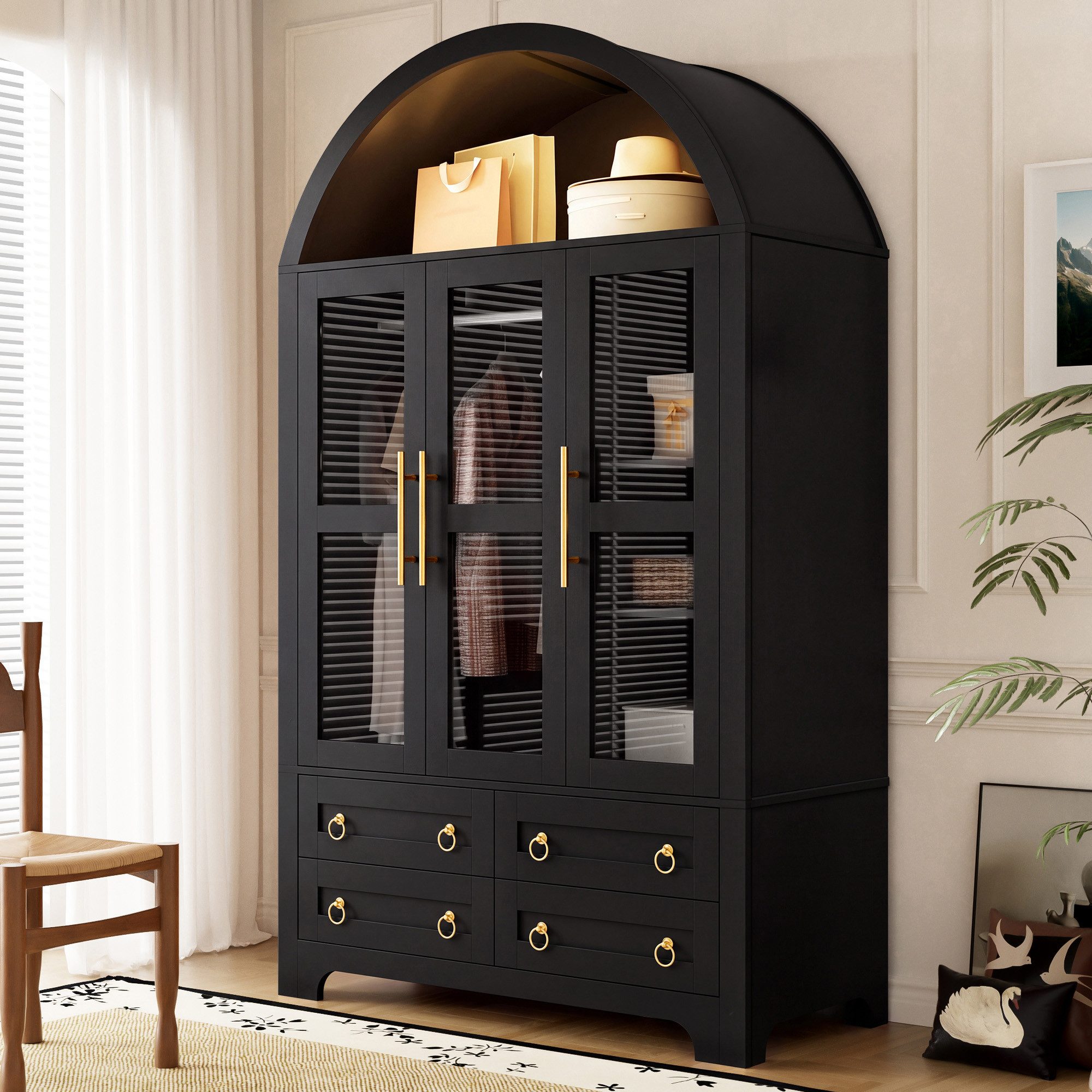 Merax Kleiderschrank mit LED-Beleuchtung, Aufbewahrungsschrank Vitrine Wohnzimmerschrank (110 x 50 x 186 cm, 1-St) Hochschrank mit 3 Glastüren,4 Schubladen,Kleiderstange,großem Stauraum