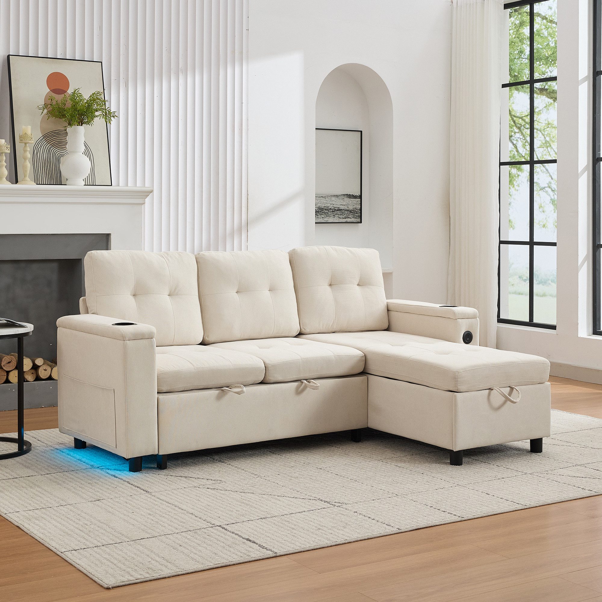 Merax Schlafsofa L-förmiges Ecksofa mit LED-Ambiente & USB/Typ-C, 208×146×89,5 cm 1 Teile, 3-in-1 Klappsofa mit verstecktem Stauraum,Getränkehalter,Seitentaschen