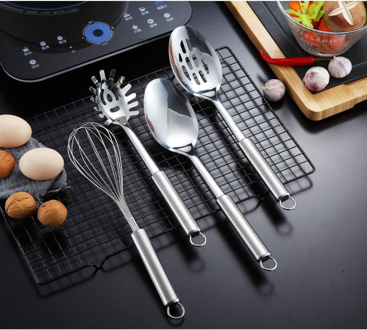 Refined Living Kochbesteck-Set 11-teiliges Edelstahl-Küchengerät Set Küchenhelfer Kochgeschirr (Spar-Set, 11-tlg.Kochzubehör, Küchenhelfer, Bestecksets zum Kochen, Hitzebständig, Langlebig, Hochwertige Konstruktion, küchenutensilien, küchengeräte, 11-tlg., Erhöhen Sie den Standard in Ihrer Küche, Leicht zu reinigen und pflegen), mit Aufhängeösen, Vielseitiges 11-teiliges Set, Silber