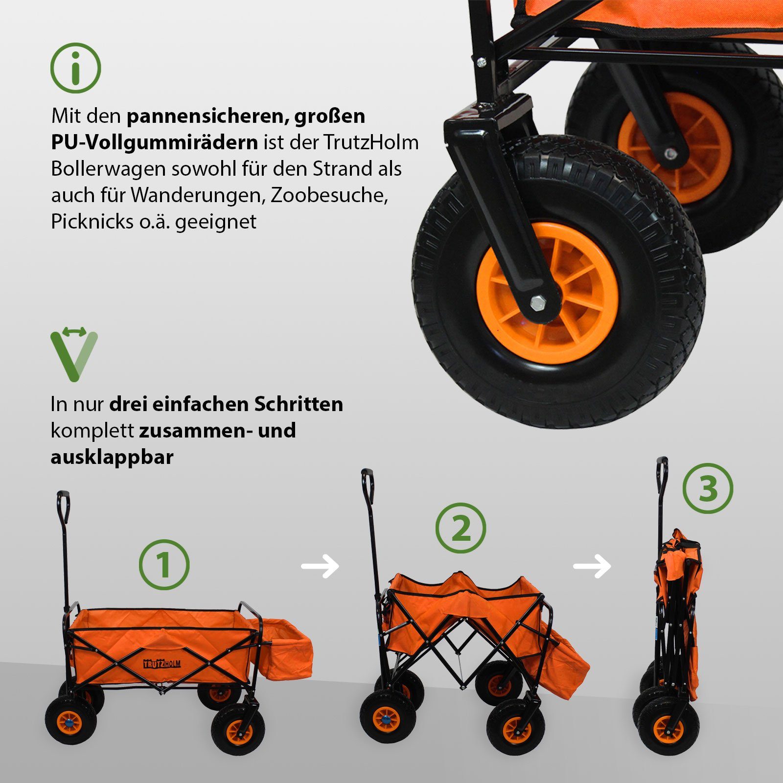 TRUTZHOLM Bollerwagen faltbar mit Vollgummi Rädern, Hecktasche und Teleskopgriff orange