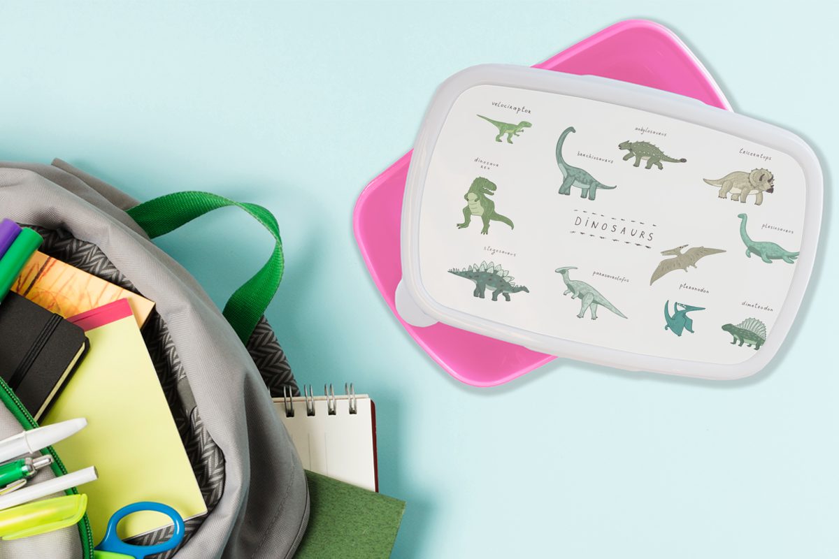 Snackbox, - Brotdose MuchoWow Lunchbox rosa (2-tlg), für Kunststoff Dinosaurier Mädchen, Junge - Kind, Kinder, - Kunststoff, Erwachsene, Kinderzimmer Farben - - Brotbox Mädchen