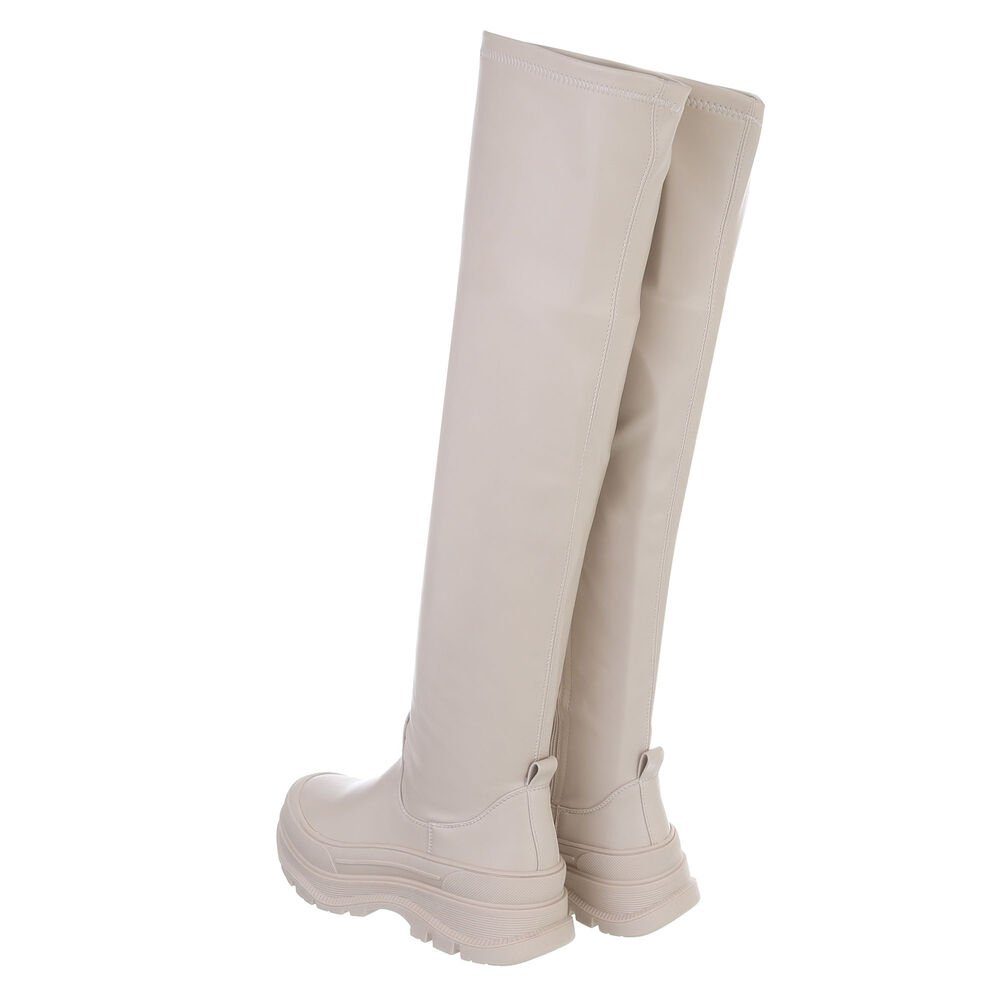 Ital-Design Damen Party & Clubwear Plateaustiefel Blockabsatz Overknees in Beige