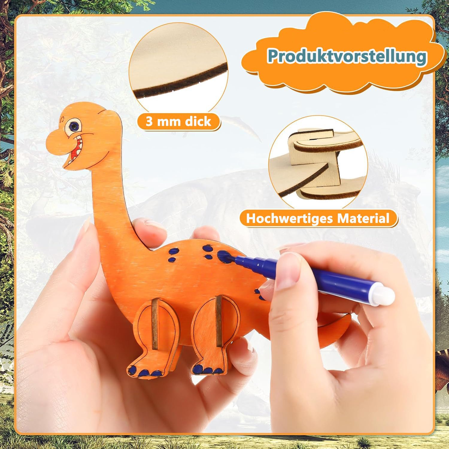 FOUORTUNATE-BEE 3D-Puzzle 12 Stück Dinosaurier Holz Bastelset für Kinder Drachen Geburtstag, Puzzleteile, 3D Puzzle Holz zum Bemalen und Basteln DIY Dino Holzbastelsets