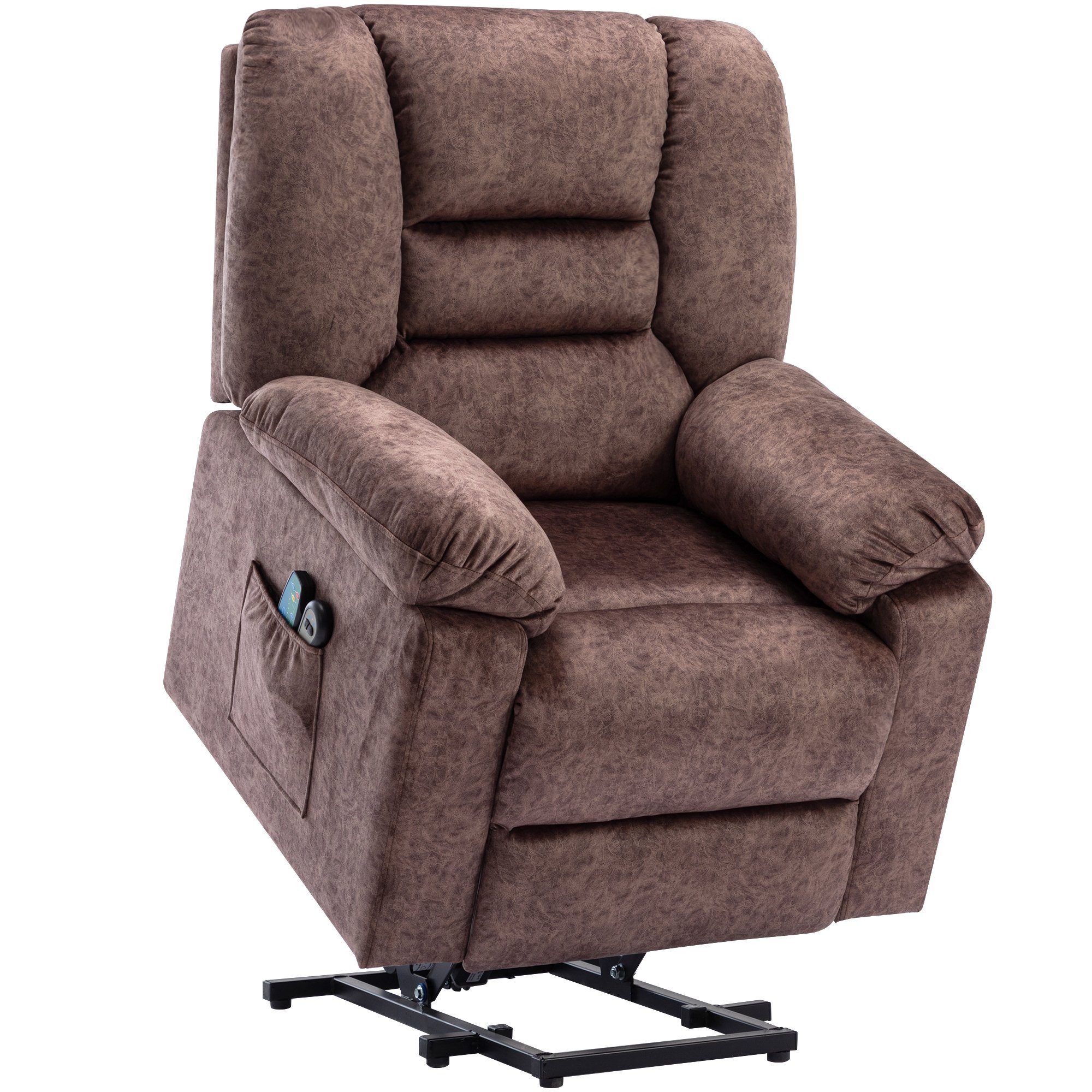 TV-Sessel (Fernsehsessel mit Aufstehhilfe, Schlafsessel, Relaxsessel, Massagesessel, Liegefunktion, Wärmefunktion und Vibrationsmassage), bis zu 150 kg belastbar, Stoff, Braun / Grau