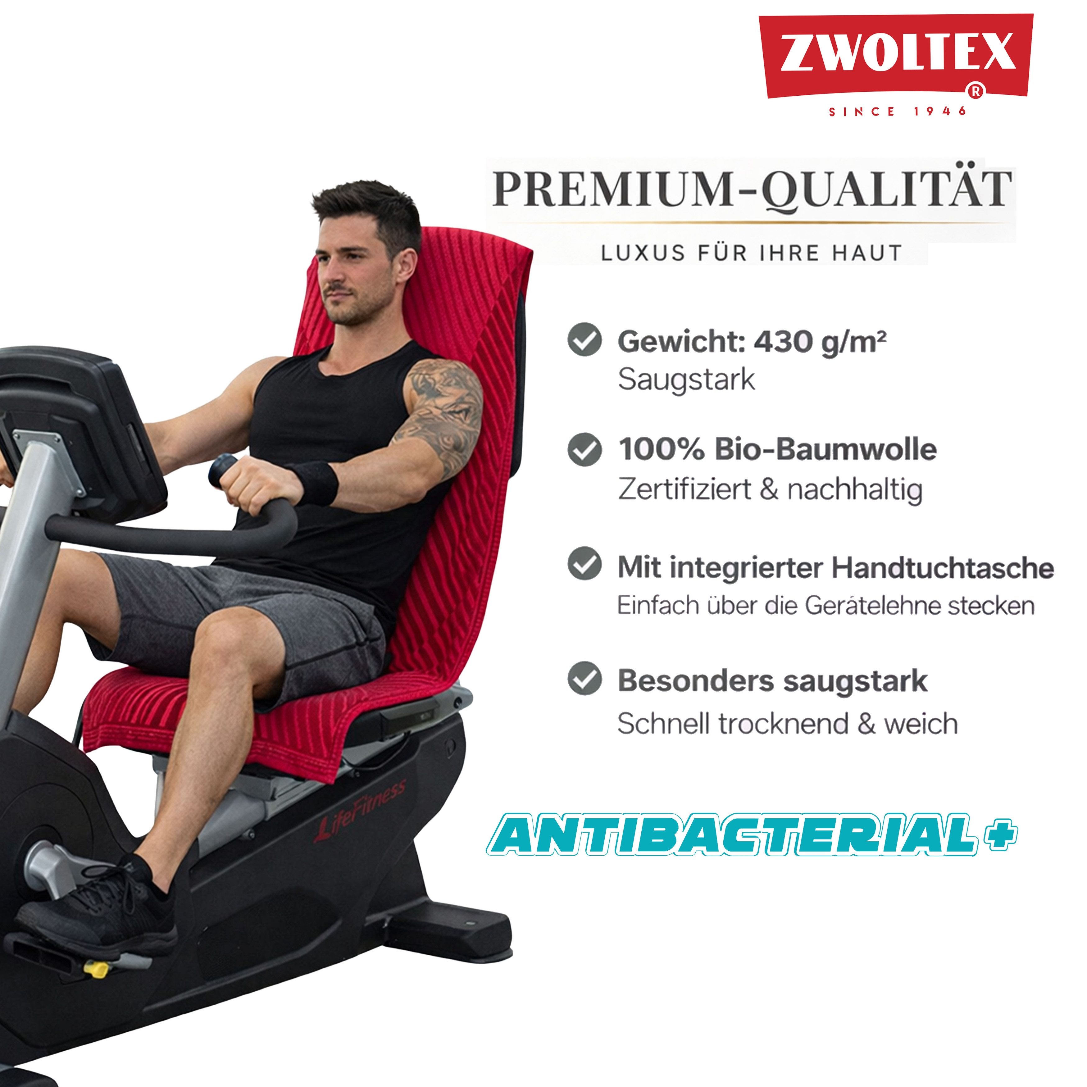 Zwoltex Sporthandtuch Energy Gerätehandtuch Set 2tlg mit Tasche antibakteriell Baumwolle, (Geräte Handtuch Set 2tlg fürs Gym weich saugstark Baumwolle pur), Ägyptische Baumwolle, 2tlg Set, Tasche, antibakteriell, Training