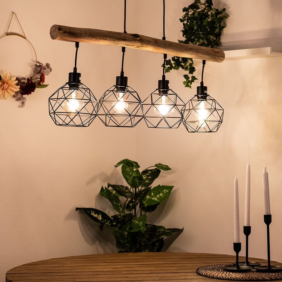 Vintage Decken Leuchte Holz natur Wohn Ess Zimmer Beleuchtung Flur Lampe Eisen