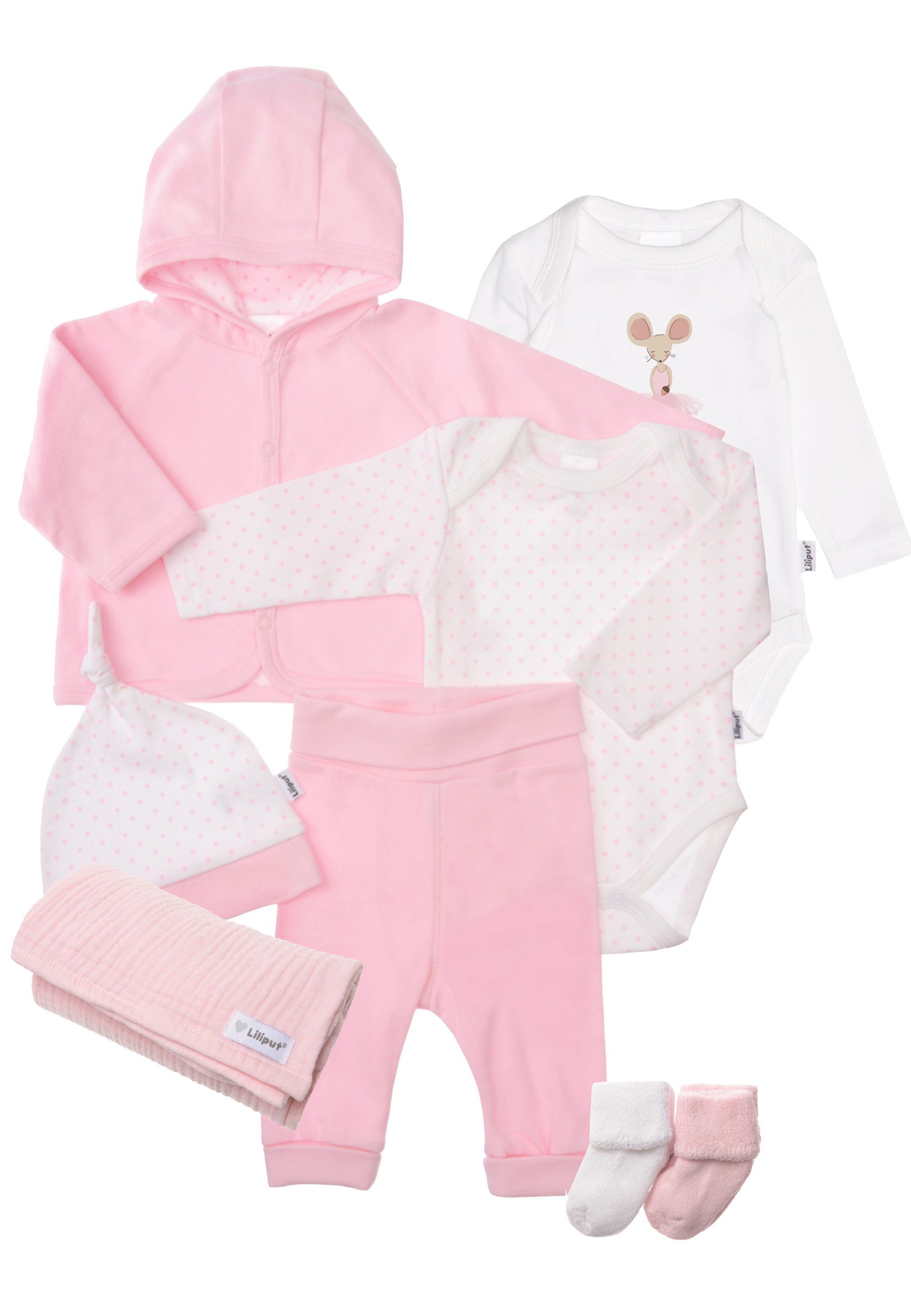 Liliput Erstausstattungspaket Pünktchen Bodies, Jacke, Hose, Mütze, Mullwindel und Socken