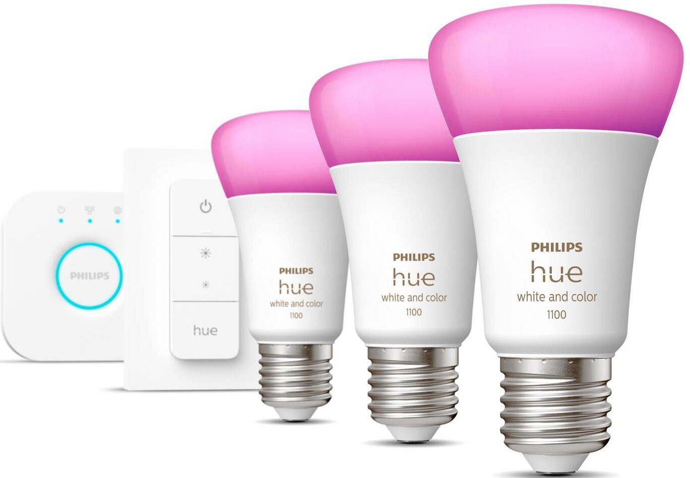Philips Hue LED-Leuchtmittel White&Col. Amb. E27 3er StarterSet +DS 3x800lm 75W, E27, 5 St., Farbwechsler, Warmweiß