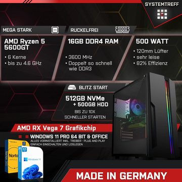 SYSTEMTREFF Basic Gaming-PC-Komplettsystem (24", AMD Ryzen 5 5600GT, RX Vega 7, 16 GB RAM, 500 GB HDD, 512 GB SSD, Windows 11, WLAN)