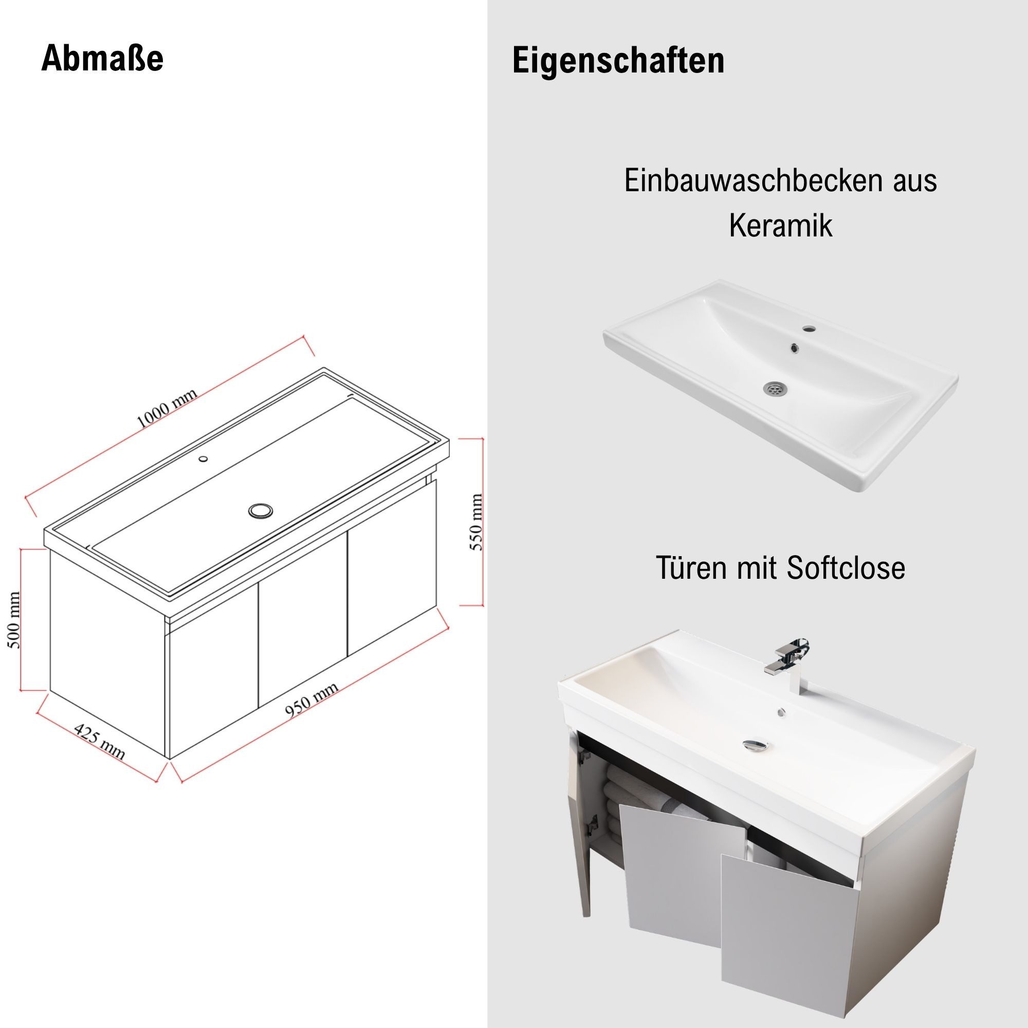Karen Waschtisch-Set Waschtisch mit Unterschrank Venus Weiß, (2-St., Der Lieferumfang umfasst Unterschrank, eine Konsole und Waschbecken), Futuristisch, Hochgla – Bild 2 von 5