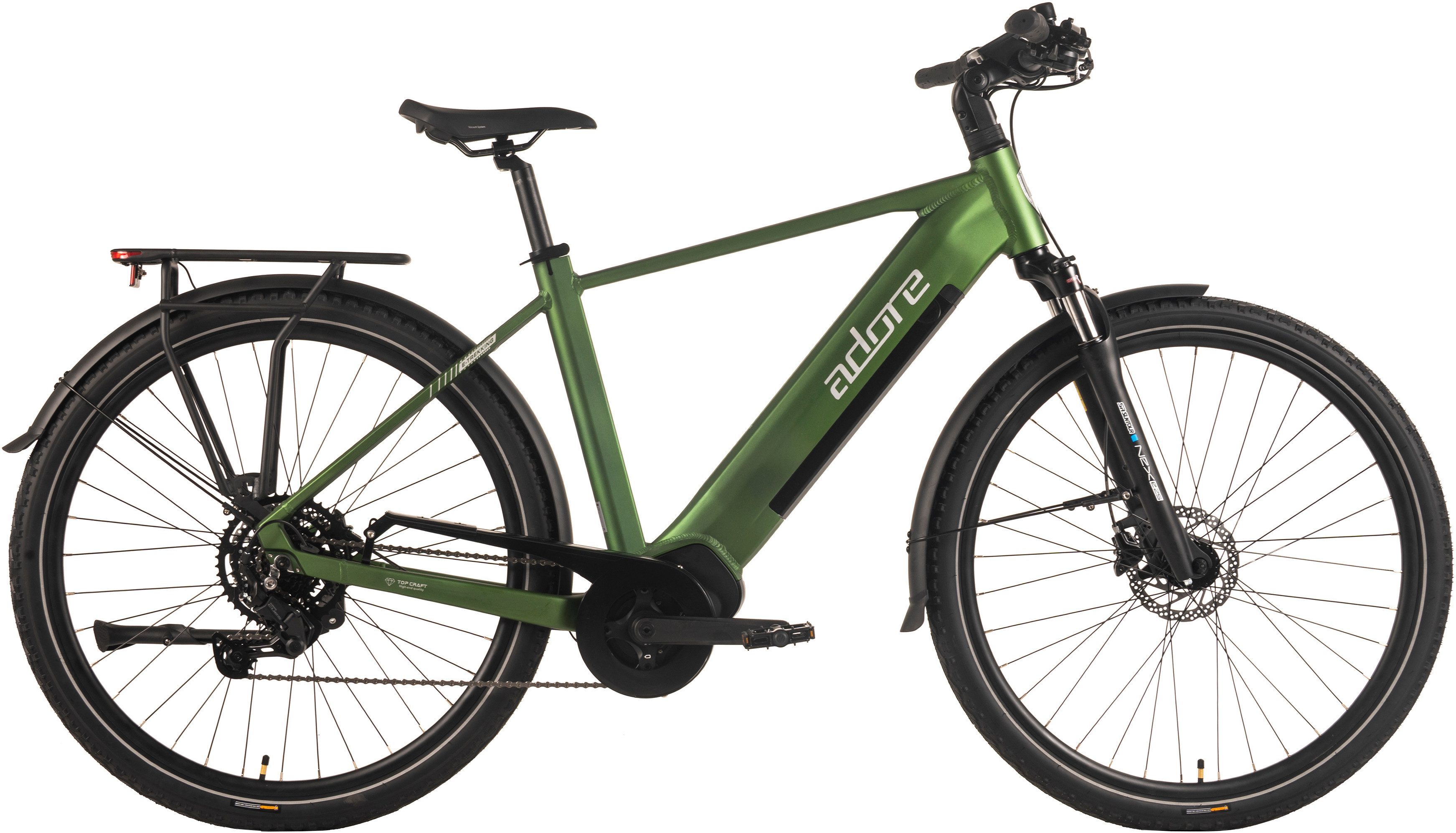 Adore E-Bike Trekkingrad 28" Alu Trekking E-Bike ATX-670 Mittelmotor 60NM / 15Ah Grün matt, 9 Gang Shimano Cues Schaltwerk, Kettenschaltung, Mittelmotor, 540 Wh