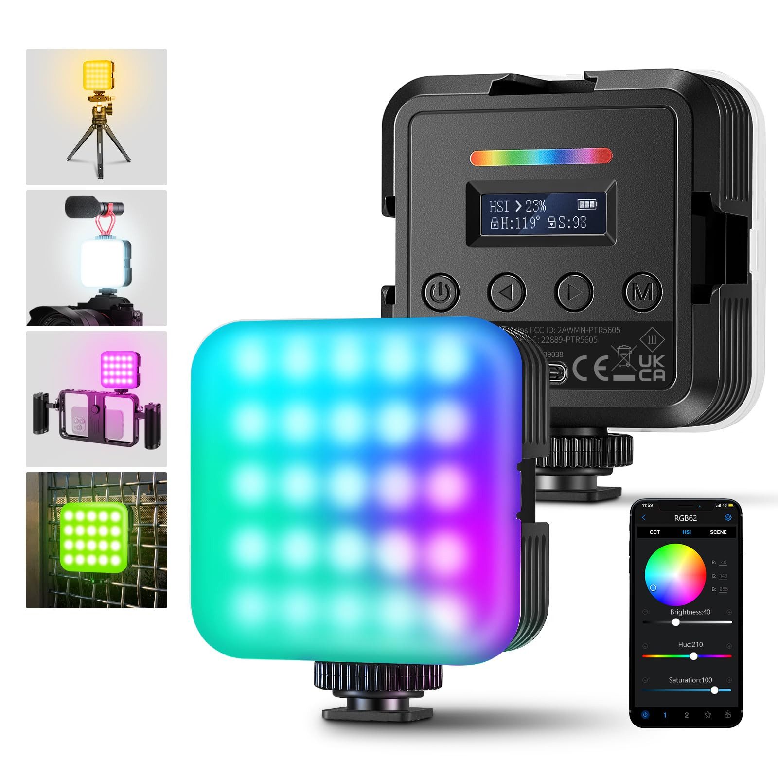 Neewer Videoleuchte RGB62 2 Stück magnetisch RGB Videoleuchte, mit App-Steuerung, 2000 mAh, 360 ° LED-Kamera, CRI97 + 2500K-8500K, 17 Szenen, wiederaufladbar