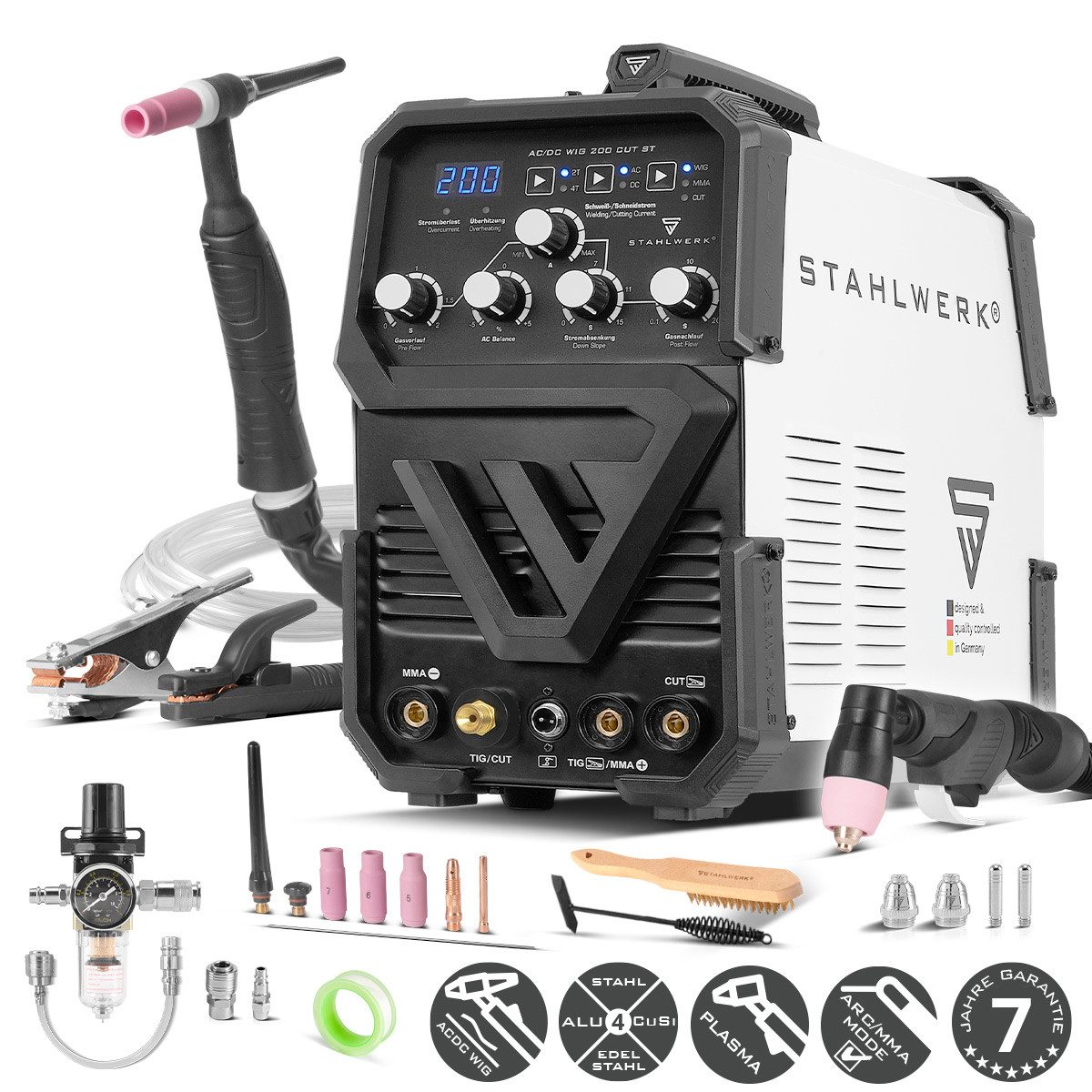 STAHLWERK Inverterschweißgerät AC/DC WIG 200 CUT ST mit Plasmaschneider und MMA, 10 - 200 A, Packung}, 12-tlg., Einzelgerät, Kombi Schweißgerät