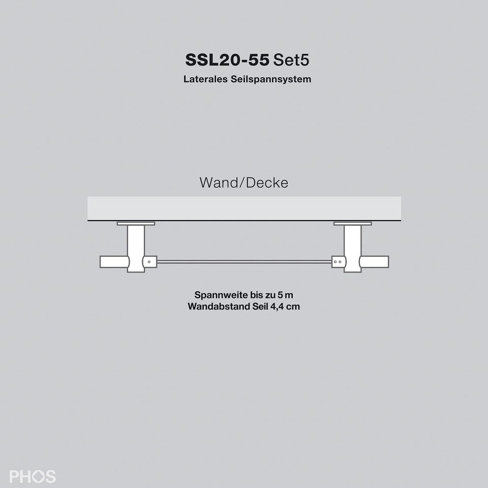PHOS Design Seilspanngarnitur - Laterales Seilspannsystem aus Edelstahl zur Wand- oder Deckenmontage, kleiner Abstand: 4,4cm - Seil bis zu 5 Meter - 100% Made in Germany