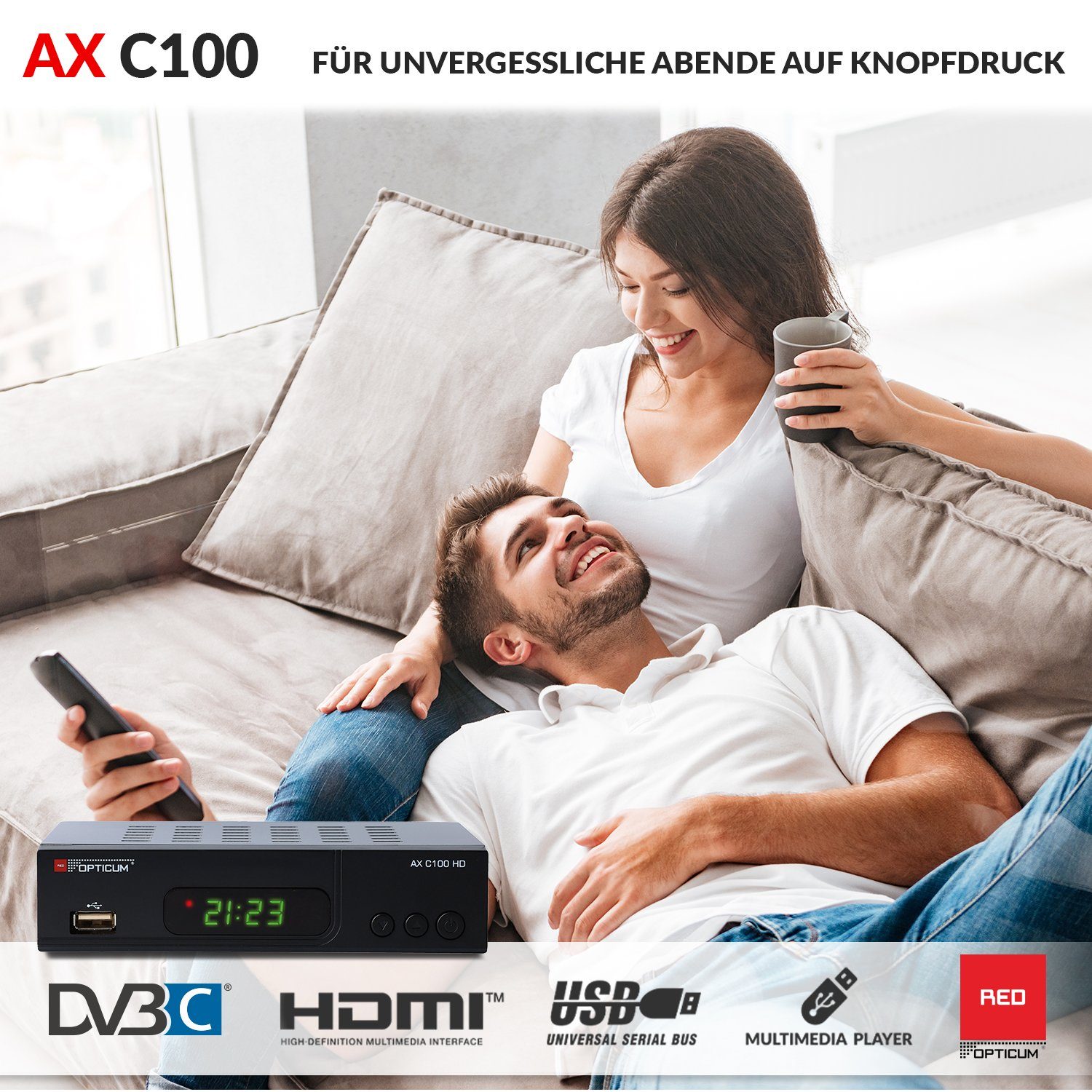 C100 DVB-C Coaxial Kabel-Receiver Kabelfernsehen) Full mit schwarz Receiver HD HD Aufnahmefunktion USB, SCART, (EPG, OPTICUM AX HDMI, für Audio, Receiver RED