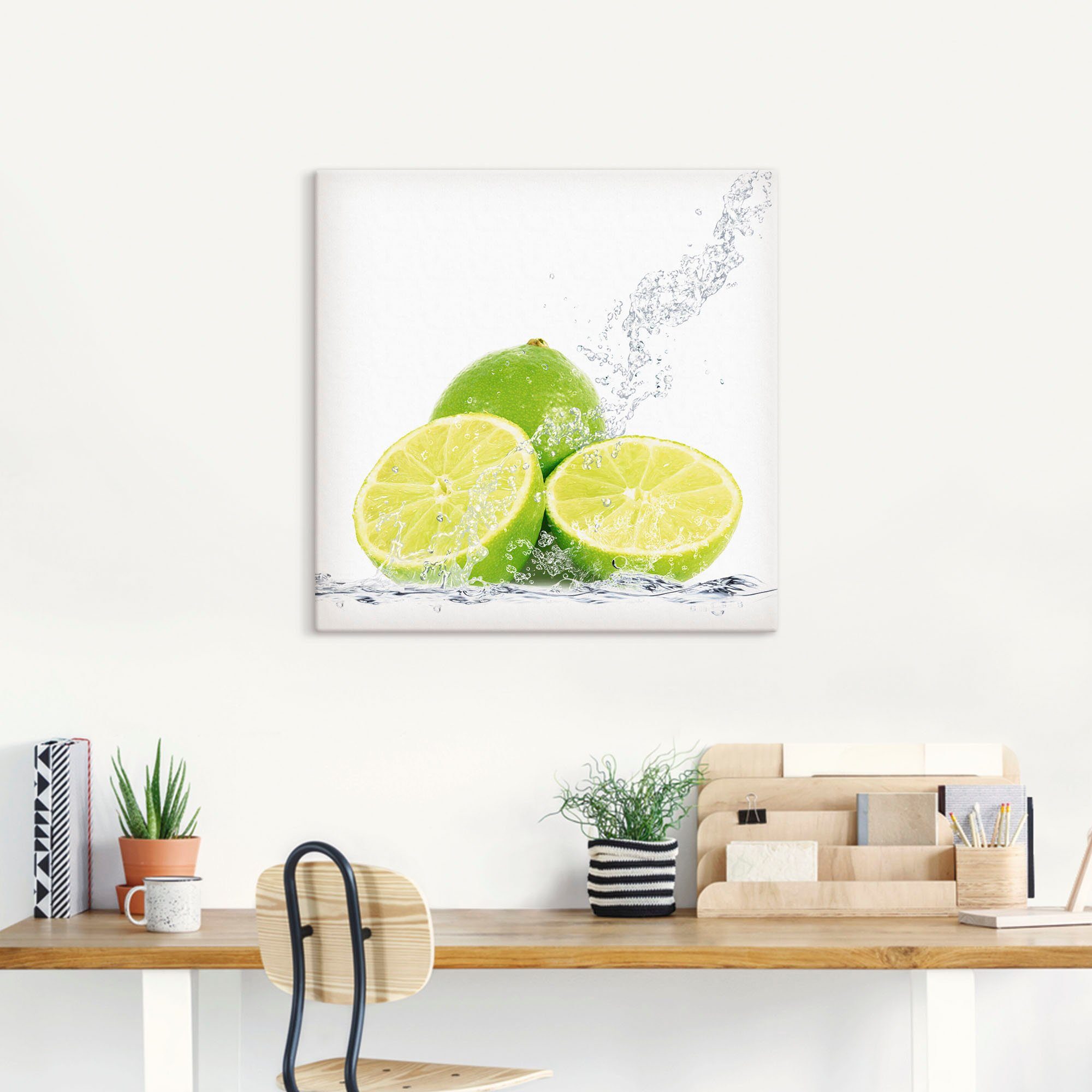 Artland Leinwandbild Limette mit Spritzwasser, Lebensmittel (1 St), auf Holzrahmen gespannt