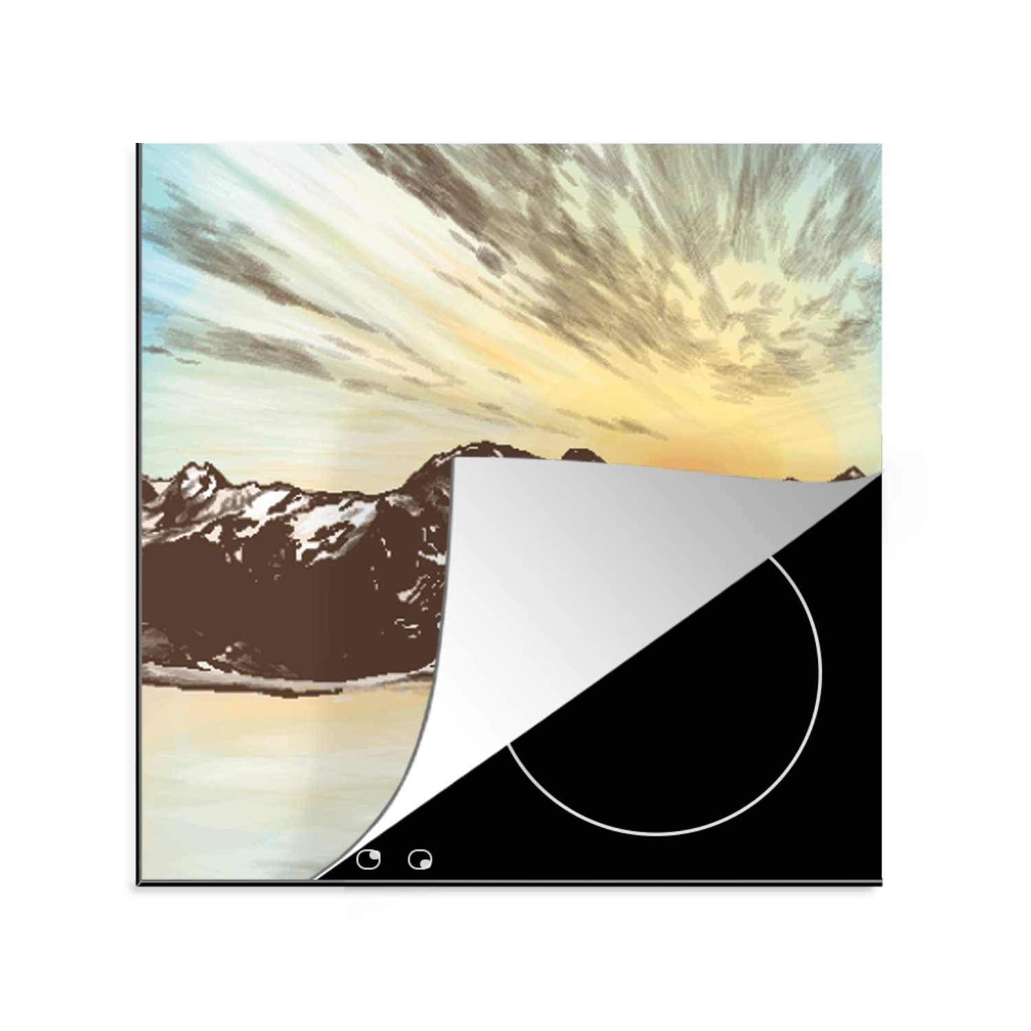 MuchoWow Herdblende-/Abdeckplatte Meer - Berge - Sonne, Vinyl, (1 tlg), 78x78 cm, Ceranfeldabdeckung, Arbeitsplatte für küche