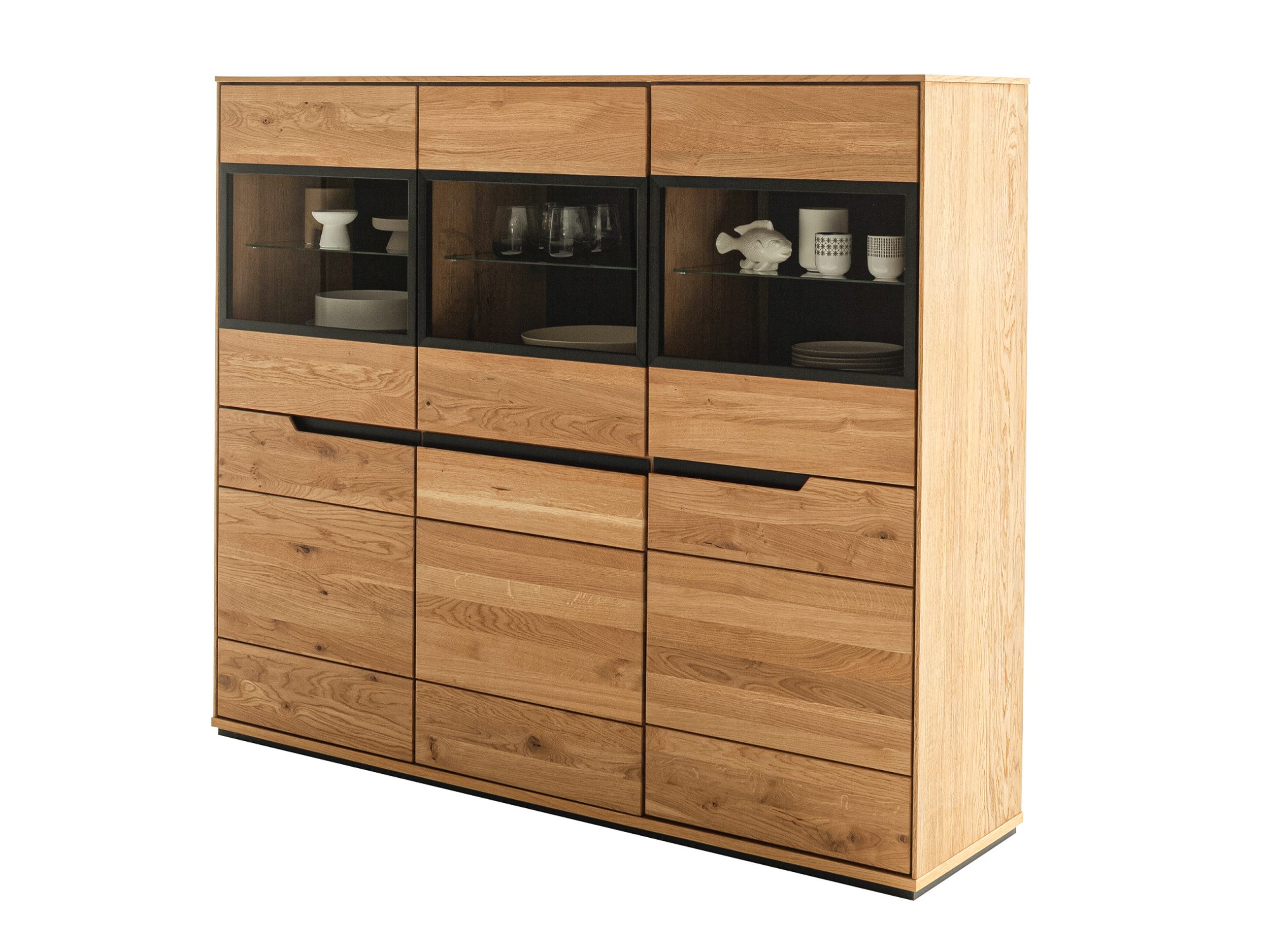 Massivart® Highboard 153 cm Breite Massivholz Wildeiche geölt »ARAYA«, 3 Glastüren · 3 Drehtüren · 6 Einlegeböden · schwarze Griffmulden