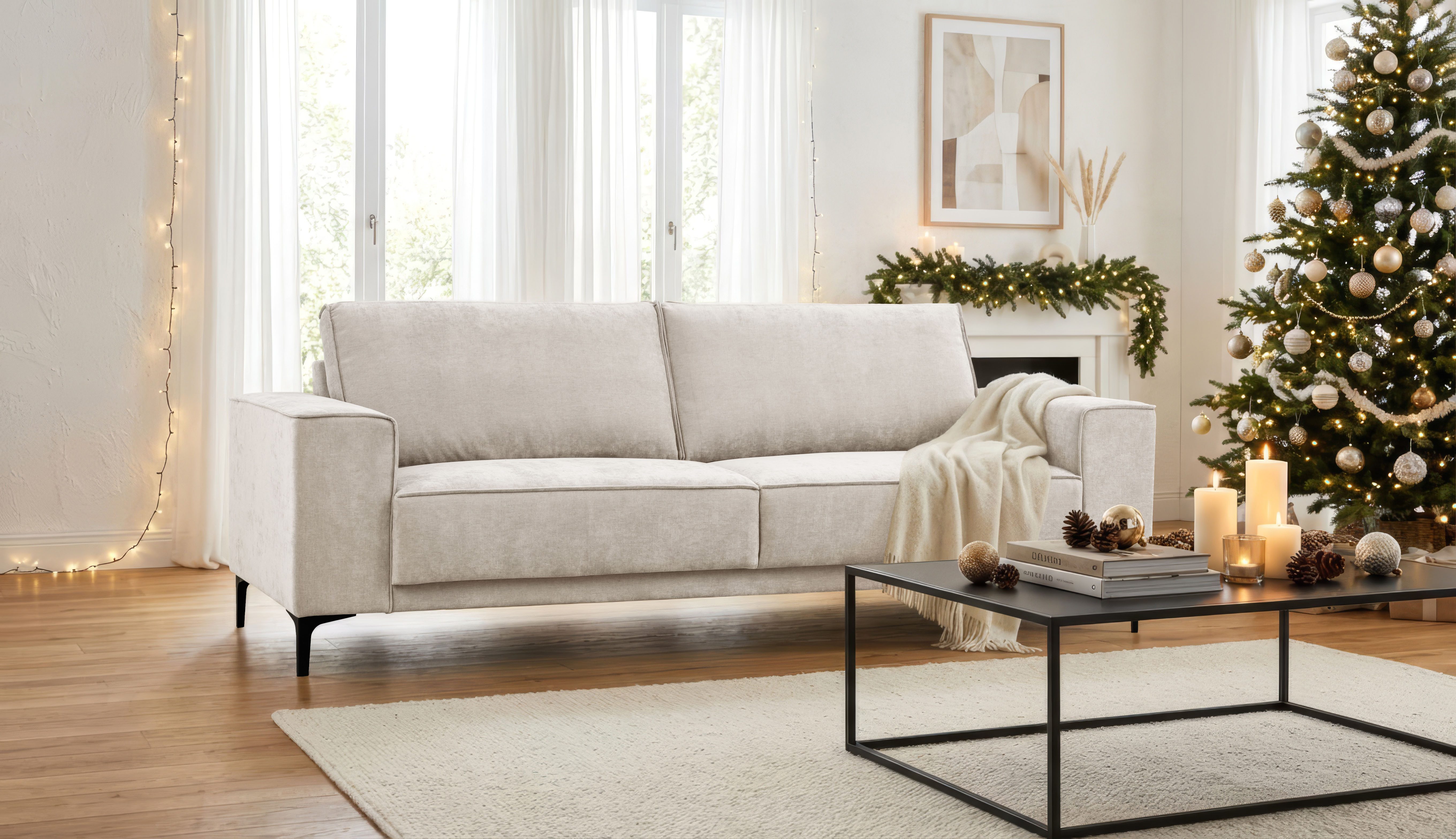 OTTO home 3-Sitzer OLAND, B: 224 cm - Skandi-Design, Struktur, Flachgewebe, Luxus-Microfaser, Boucle